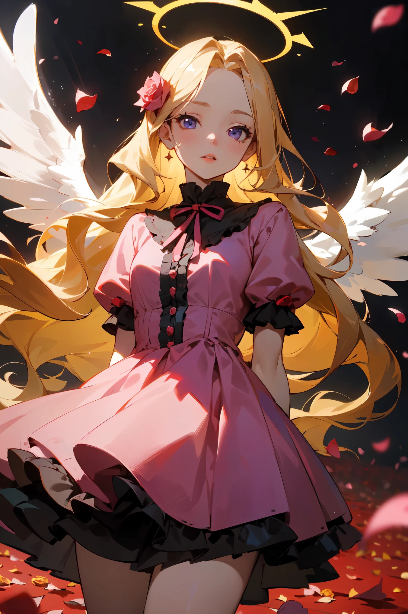 (masterpiece, high detailed, best quality:1.3), (cowboy shot), portrait, dutch angle, looking at viewer, 1girl, beautiful, golden hair, very long hair, wavy hair, hair flowers, parted bangs, (floating hair), purple eyes, beautiful eyes, pretty lips, (lolita fashion), (pink dress), white gloves, angle wings, white wings, golden halo, standing, (arms behind back), ((rose petals, falling petals)), rose background, (sparkling, ray of sunlight), soft lighting, vibrant light, fbokeh, depth of field, absurdres