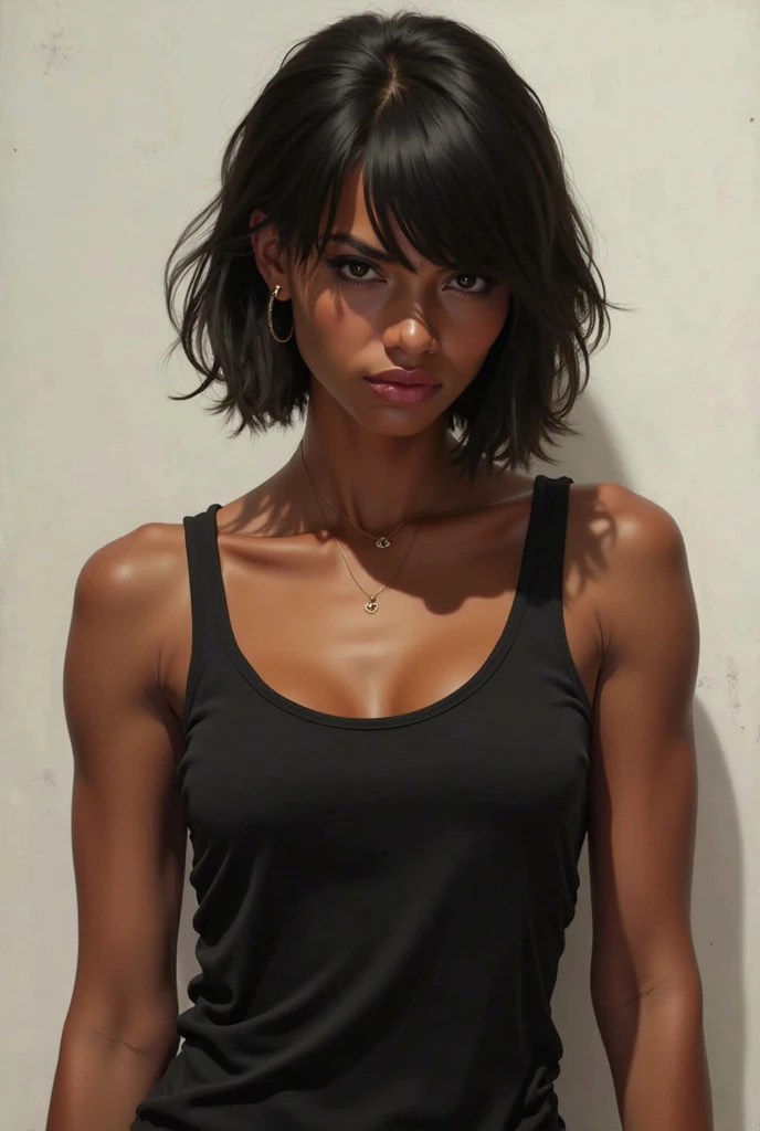 (((Tamara Taylor))), (a very tall slender woman with an oiled body), (((tall slender figure)), ((hairstyle bob)), ((short straight black hair)), (narrow pelvis), (small round breasts), big brown eyes, ((small head)), ((evening mood)), she smiles, (((She wears a sports bra and panty))), (photorealistic:1.2), (best quality), (intricate details), 8K, (high poly), (ray tracing), (cinema lighting), (sharp focus), (detailed face:1.3), natural and realistic Skin textures, soft face, (((oiled body)))