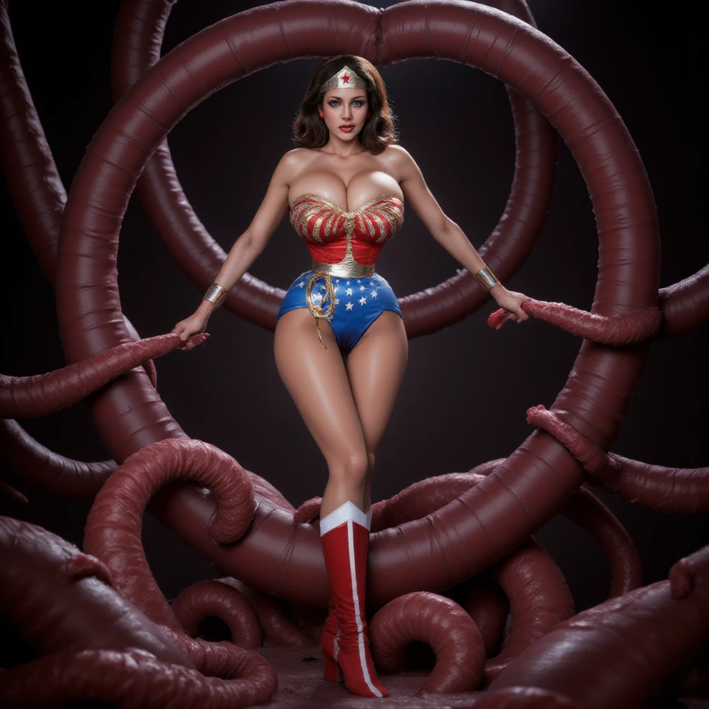 fighting in the rubble muck and debris attacked by slimy black tentacles, teen wonder woman, slimy slppery Tentacles around her oiled sweating body, many tentacles, Fine details，Tentacled，Tied with tentacles，giant black tentacles as thick as her legs trying to fuck her ass，teen wonder woman is drooling，Crying，Detailed body，Full limbs，cameltoe, low-angle shot, wide-angle shot, handheld shot, dramatic angle, extreme angle shot
