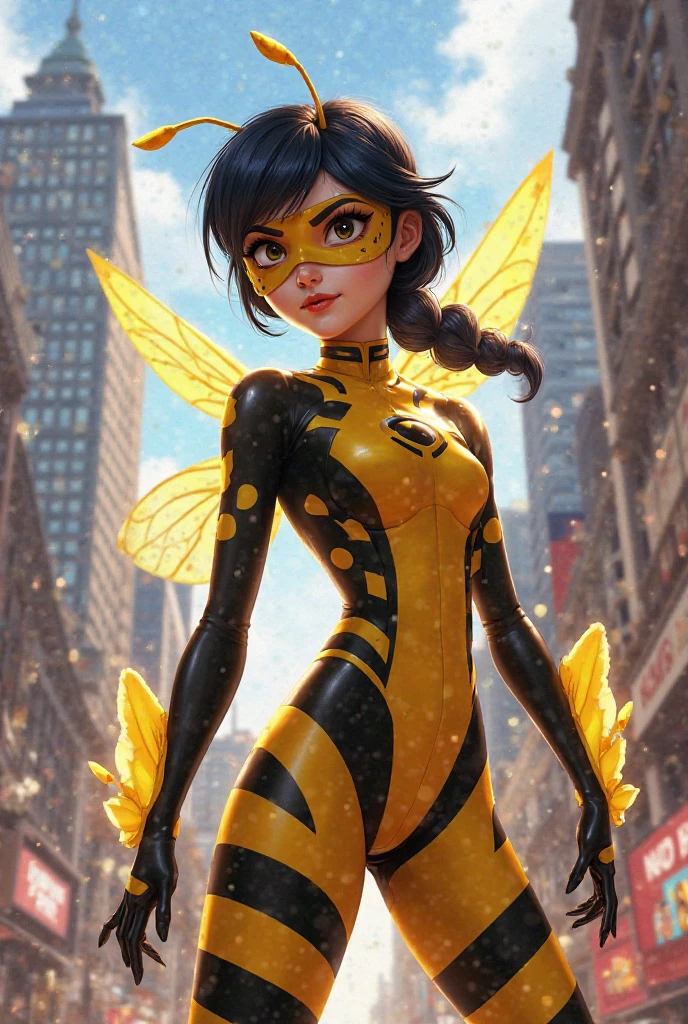 ((Masterpiece, best quality, photography, detailed skin, 8k, highly detailed, show entire body, High detail RAW color art, diffused soft lighting, shallow depth of field, sharp focus, hyperrealism, cinematic lighting, ((Female anthro bee:0.8)), Feminine insect humanoid creature, wings Similar to a bee, Yellow and black color design, a remarkable Bee Body, Shiny Plug Suit, Bee wings, Cute Girl Face, a female, beautifully makeup, eyeshadow, beautiful big eyes, brown eyes, long eye lashes, monstrous insect, chitin skin, large almond shaped eyes, humanoid body style, medium breasts, narrow waist, skinny frame, wide hips, spread legs, an evil gaze that seduces, lying, on side, bee nest