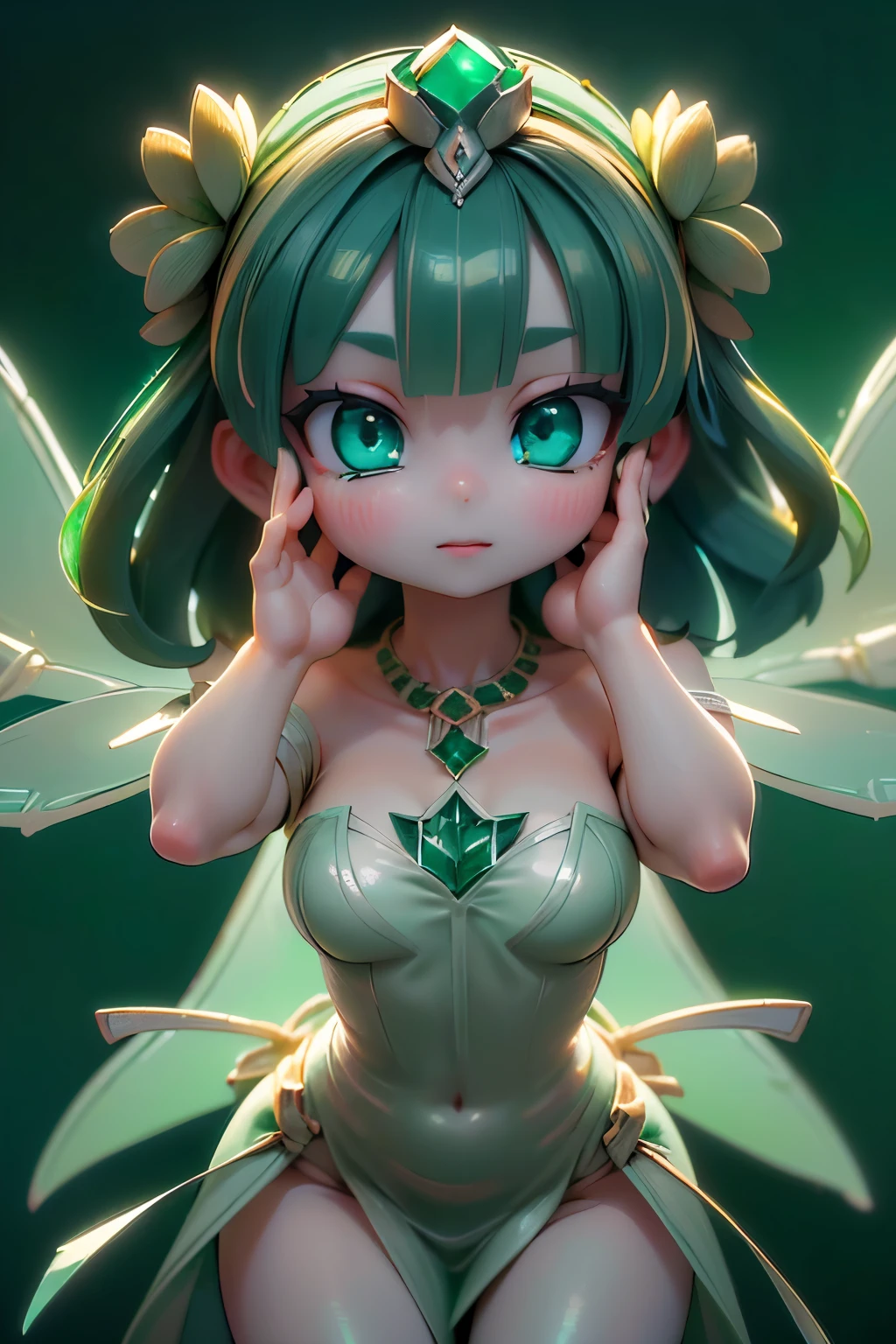 solo,1 Female,cute, cute,small ,Skin color is white,(Succulents Succulents Fairy:1.5),(Mysterious fairy:1.5),(An accurate and perfect hand:2.0),(Anatomically Accurate Hands:2.0),( ballerina pose :1.5),(Emerald Green Jewel-like Eyes:2.5),(Glittering Highlights Reflected Light:2.0),(Background is a Blue Sky and Beautiful Fresh Green Forest:1.5),(Yellow-green shiny semi-long hair:1.2),(is smiling:1.2),(with large transparent Dragonfly and agave wings growing on its back:1.7),(beautiful luxurious dress like metallic green Succulents:1.5),big cute smile,(Dragonfly's Beautiful Wings on Her Back:1.5),[Dragonfly Wings:1.5],(The background is a blue sky, beautiful fresh greenery, and an agave forest:1.5),(8k,very detailedCGユニットのwallpaper, masterpiece,high resolution, real texture skin,surrealistic,increase resolution,RAW photo,best quality,very detailed,wallpaper,Movie Lighting, Raytrace ,face close-up,(Face Light:2.0),(Increase overall color saturation:2.0),(cowboy shot:1.5), Frontal lighting ,
