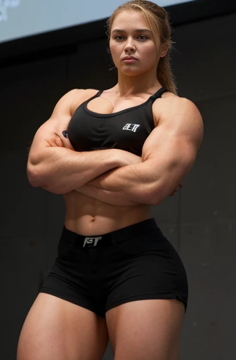 A heavily muscled iffb pro bodybuilder ronda rousey, wearing skin-tight figure-hugging American school uniform