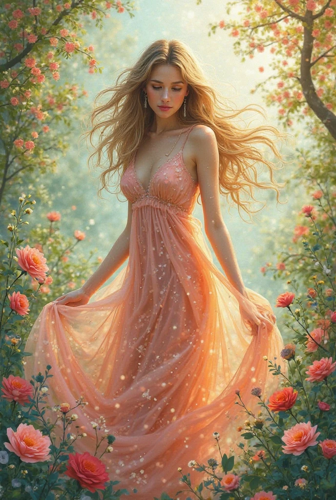 a beautiful woman in a colorful sheer airy dress with intricate embroidery, nude underneath, strolling through a lavish flower garden at night, long wavy hair, glowing skin, ethereal, cinematic lighting, moody colors, magical realism, romantic, high quality, detailed, photorealistic