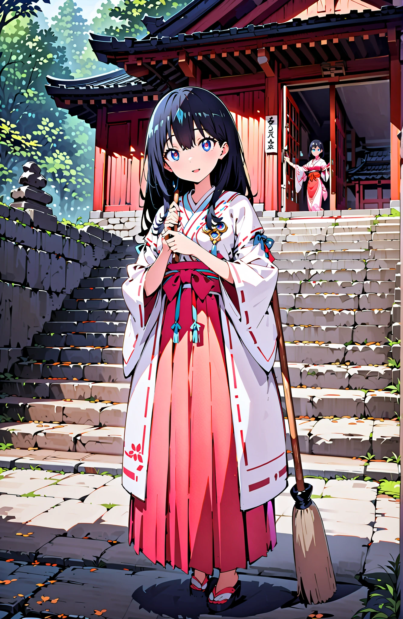 score_9, score_8_up, score_7_up, source_anime,It's because of Rikkata, black hair with a young pattern, blue eyes, long hair , smile,cover,Open Your Mouth,Orange wrist scrunch, Shrine maiden, kimono, object, Red Hakama Skirt , Wide Sleeves, long sleeve, ribbon trim sleeve,holding a broom grip with both hands,cleaning, standing on a stone staircase,noon,full bodyがillustrationsに入るように,break outdoors, shrine,
break looking at viewer,full body,
break (masterpiece:1.2), Best Quality, high resolution, Unity 8k 壁紙, (illustrations:0.8), (beautiful detailed eyes:1.6), very detailed face, so that it fits into the illustration, Extremely Detailed CG, (perfect hand, perfect anatomy),