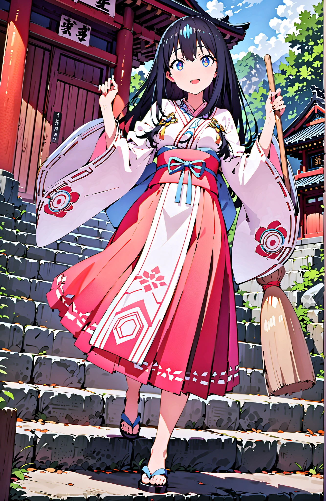 score_9, score_8_up, score_7_up, source_anime,It's because of Rikkata, black hair with a young pattern, blue eyes, long hair , smile,cover,Open Your Mouth,Orange wrist scrunch, Shrine maiden, kimono, object, Red Hakama Skirt , Wide Sleeves, long sleeve, ribbon trim sleeve,holding a broom grip with both hands,cleaning, standing on a stone staircase,noon,full bodyがillustrationsに入るように,break outdoors, shrine,
break looking at viewer,full body,
break (masterpiece:1.2), Best Quality, high resolution, Unity 8k 壁紙, (illustrations:0.8), (beautiful detailed eyes:1.6), very detailed face, so that it fits into the illustration, Extremely Detailed CG, (perfect hand, perfect anatomy),