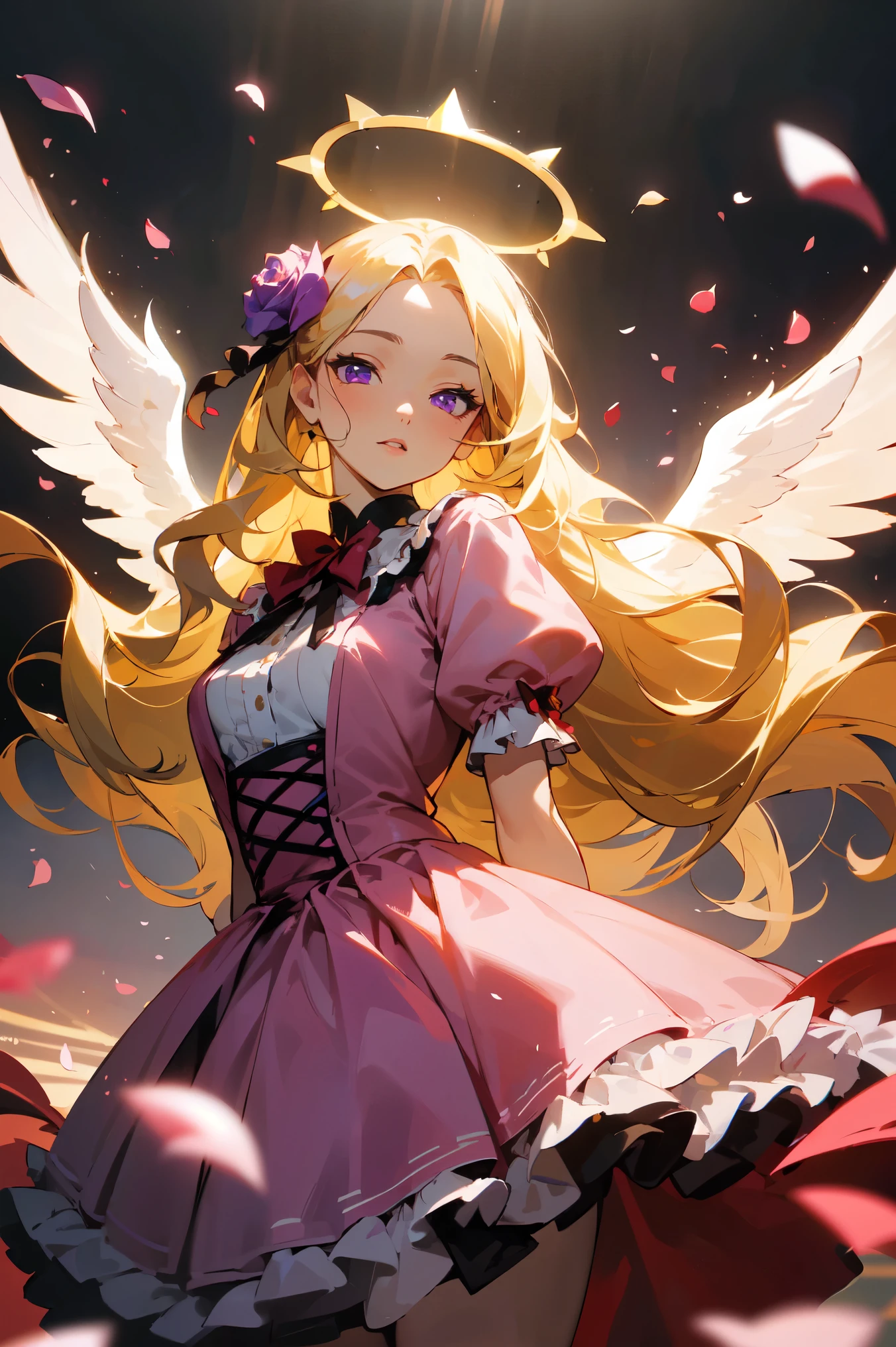 (masterpiece, high detailed, best quality:1.3), (cowboy shot), portrait, dutch angle, looking at viewer, 1girl, beautiful, golden hair, very long hair, wavy hair, hair flowers, parted bangs, (floating hair), purple eyes, beautiful eyes, pretty lips, (lolita fashion), (pink dress), white gloves, angle wings, white wings, golden halo, standing, (arms behind back), ((rose petals, falling petals)), rose background, (sparkling, ray of sunlight), soft lighting, vibrant light, fbokeh, depth of field, absurdres