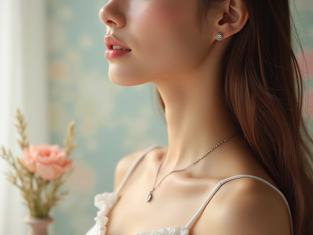 color photograph, close-up, ((a realistic photo of a beautiful girl)), (milalc), light, ((glowy skin)), looking_at_viewer, (fit body:1.0), ((medium breasts)), soldier, beautyfull drees, jewelry, neckless, wearing to many accessories, pink lipstick, shy, blushing, high ponytail, detailed illustration, masterpiece, high quality, realistic, very detailed face,