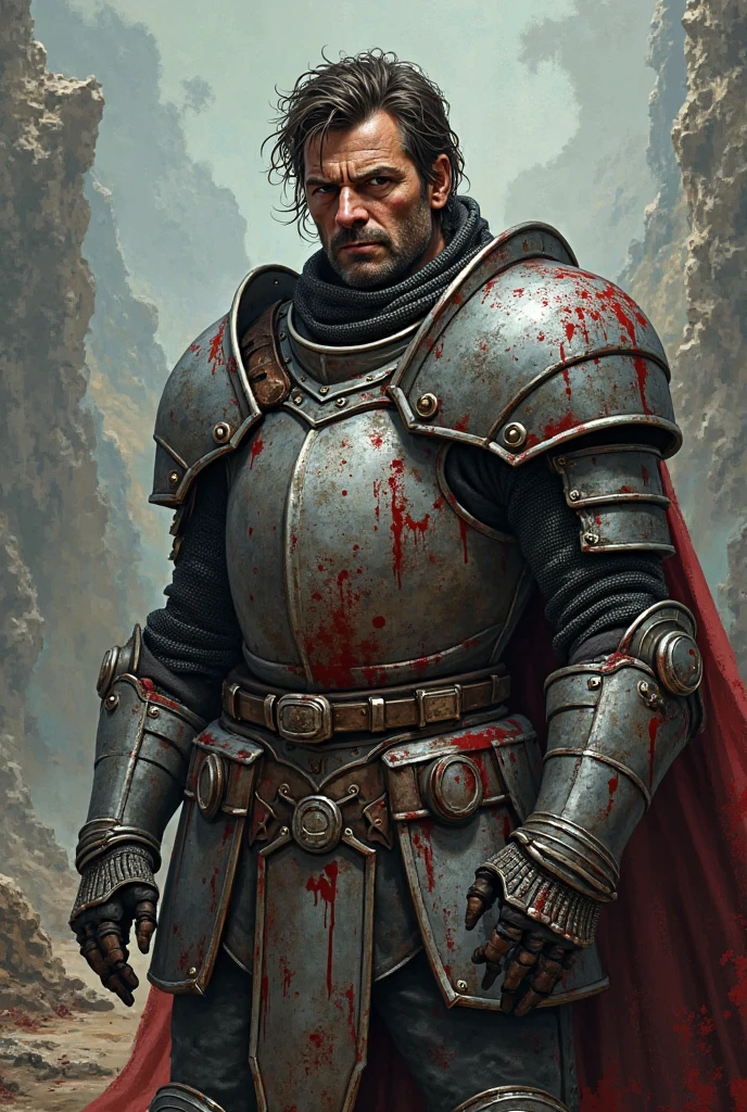 {{Masterpiece, best quality, oil painting, dramatic, male focus}}, (((by J. C. Leyendecker, by Gustave Klimt))), ((((the full body portrait of a 30 year old male knight, violent, manly, sexy, tall, young, he has silver hair, tan skin, scarred face, sullen, arrogant, majestic)))), (((((((He is covered in blood, wearing cyborg plate armor, with a red diamond shape on his chest))))))). ((Jungle background, hawk moths flying))