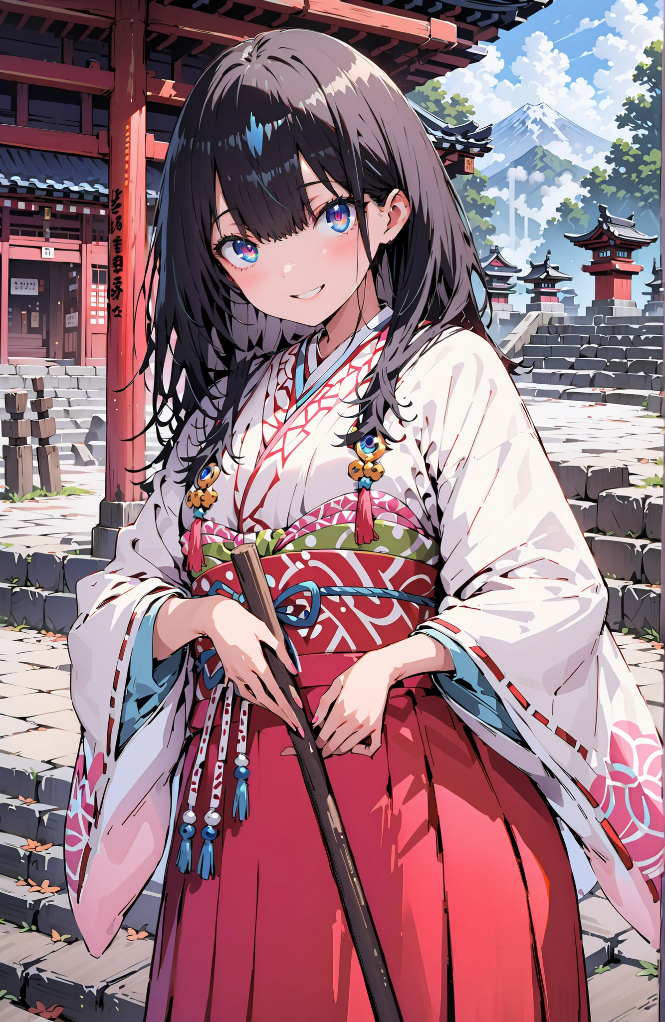 score_9, score_8_up, score_7_up, source_anime,It's because of Rikkata, black hair with a young pattern, blue eyes, long hair , smile,cover,Open Your Mouth,Orange wrist scrunch, Shrine maiden, kimono, object, Red Hakama Skirt , Wide Sleeves, long sleeve, ribbon trim sleeve,holding a broom grip with both hands,cleaning, standing on a stone staircase,noon,full bodyがillustrationsに入るように,break outdoors, shrine,
break looking at viewer,full body,
break (masterpiece:1.2), Best Quality, high resolution, Unity 8k 壁紙, (illustrations:0.8), (beautiful detailed eyes:1.6), very detailed face, so that it fits into the illustration, Extremely Detailed CG, (perfect hand, perfect anatomy),
