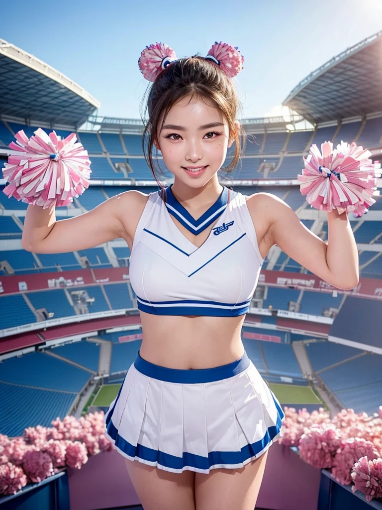 masuter piece, best qualtiy, ((realisitic)), ((1 person)), 8K picture quality, extremely delicate and beautiful, magnifica, Official art with attention to detail, Ridiculous, unbelievable Ridiculous, huge filesize, ultra-detailliert, ighly detailed, (Beautiful ite girl), (detailed girl), (Korean beauty), Brown hair, ((poneyTail)), ((Perfect female figure)), large full breasts, Slim waist, big butts, (((Pink and white cheerleading costumes, Mini flared skirt))), High exposure, With bangs, Feminine look, (ssmile), (Gymnasium)