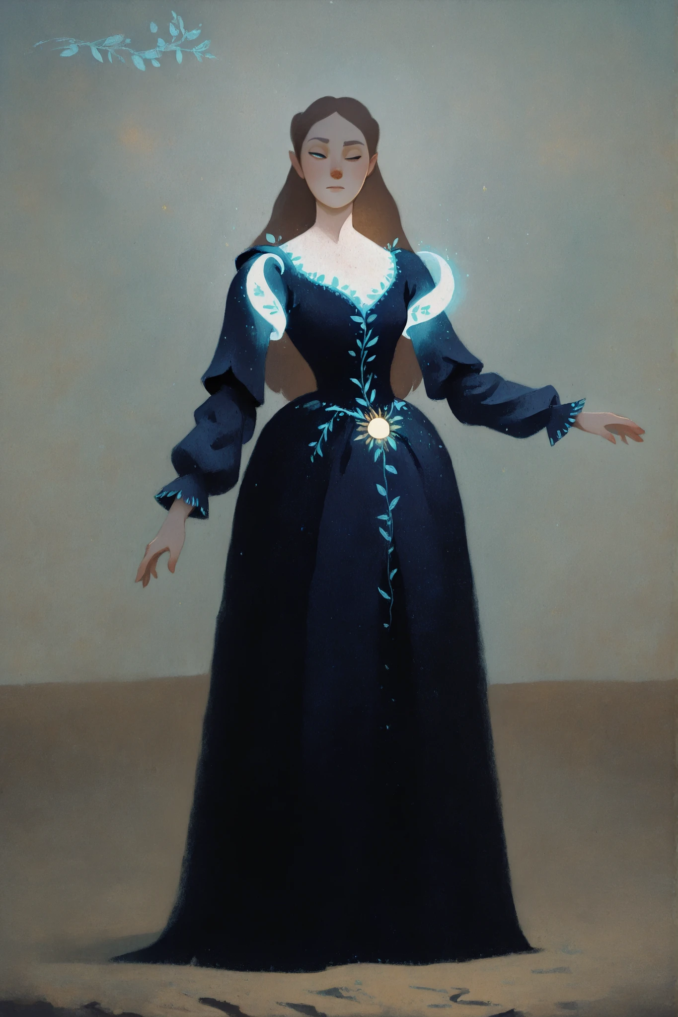drki, hyper detailed painting of a dress, medieval dress, detailed clothing, ethereal glow, surreal lighting, soft expression, mystical fantasy aesthetic, painterly illustration, gouache painting, soft lighting illustration, 2d art, delicate background, masterpiece, best quality, crud3