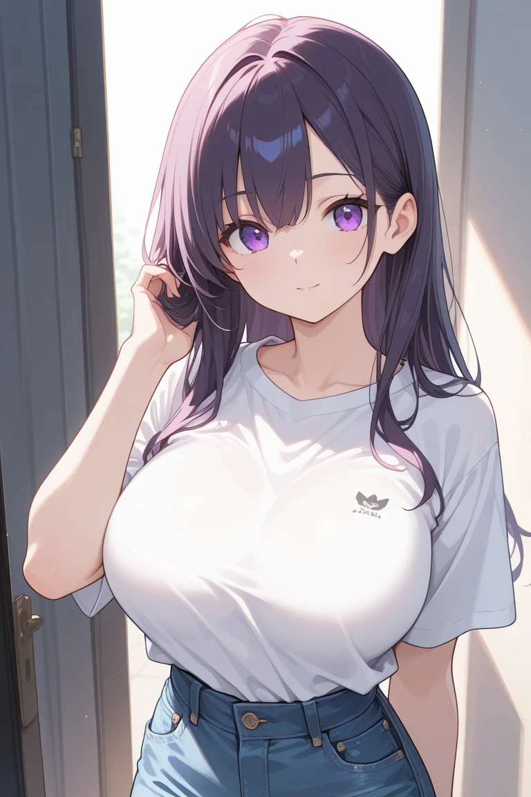Masterpiece, best quality, beautiful girl, beautiful face, ponytail, multi-colored hair, big breasts, T-shirt,