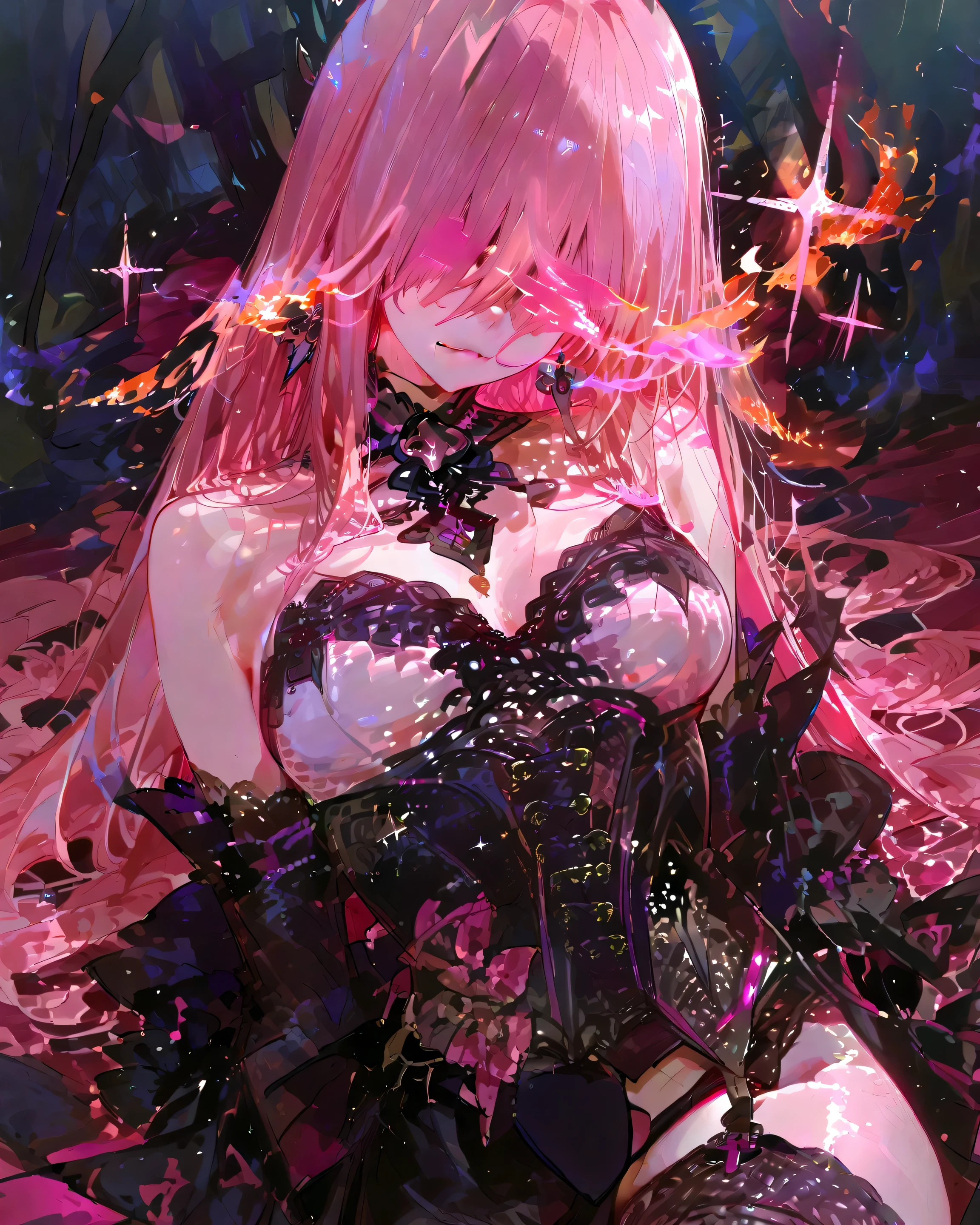(masterpiece), best quality, ultra-detailed, portrait of Wanda Maximoff, beautiful and captivating, vibrant colors, ethereal, floating in mid-air, (red hair:1.2+pink hair+purple hair), jewel-toned dress, (glowing hands:1.3+magic effects), mystical and stunning, (dark forest backdrop+flower petals), dramatic and enchanting.