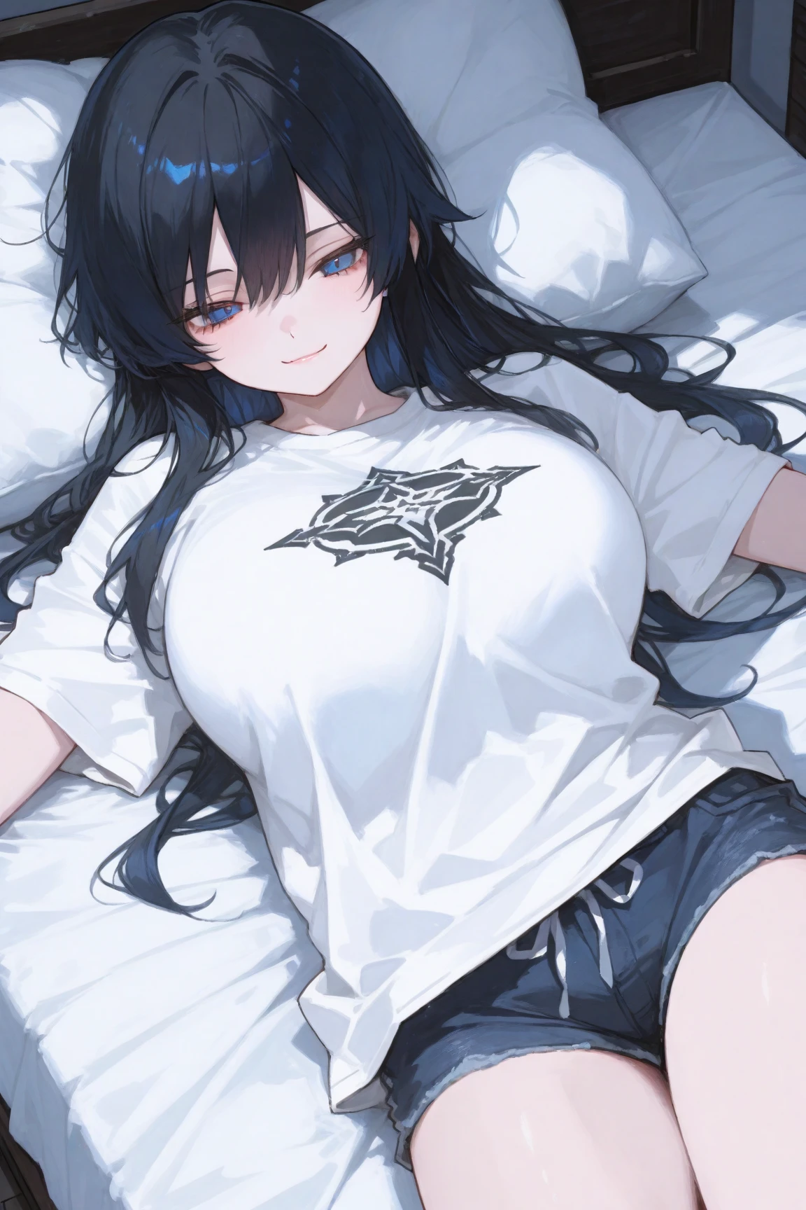 curvy hentai girl, goth succubus with horns and black hair, highest quality、High resolution、detailed background、beautiful and detailed face、beautiful and smooth skin、skin texture, (huge breasts:1.1), confident expression, comfy, wearing t-shirt, comfy clothes, 4/20, weed, smoking weed