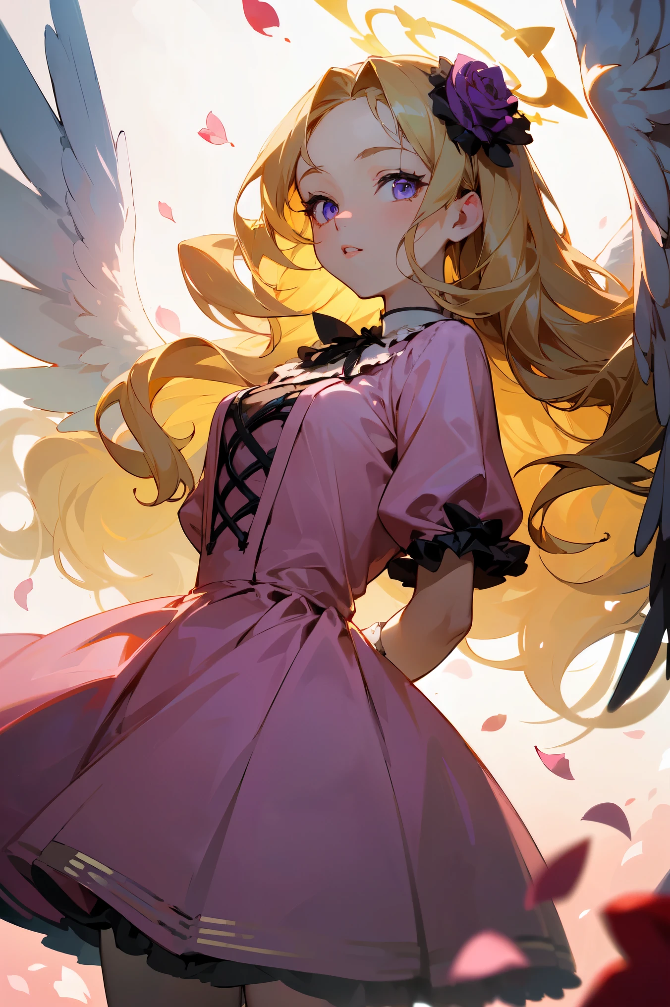 (masterpiece, high detailed, best quality:1.3), (cowboy shot), portrait, dutch angle, looking at viewer, 1girl, beautiful, golden hair, very long hair, wavy hair, hair flowers, parted bangs, (floating hair), purple eyes, beautiful eyes, pretty lips, (lolita fashion), (pink dress), white gloves, angle wings, white wings, golden halo, standing, (arms behind back), ((rose petals, falling petals)), rose background, (sparkling, ray of sunlight), soft lighting, vibrant light, fbokeh, depth of field, absurdres