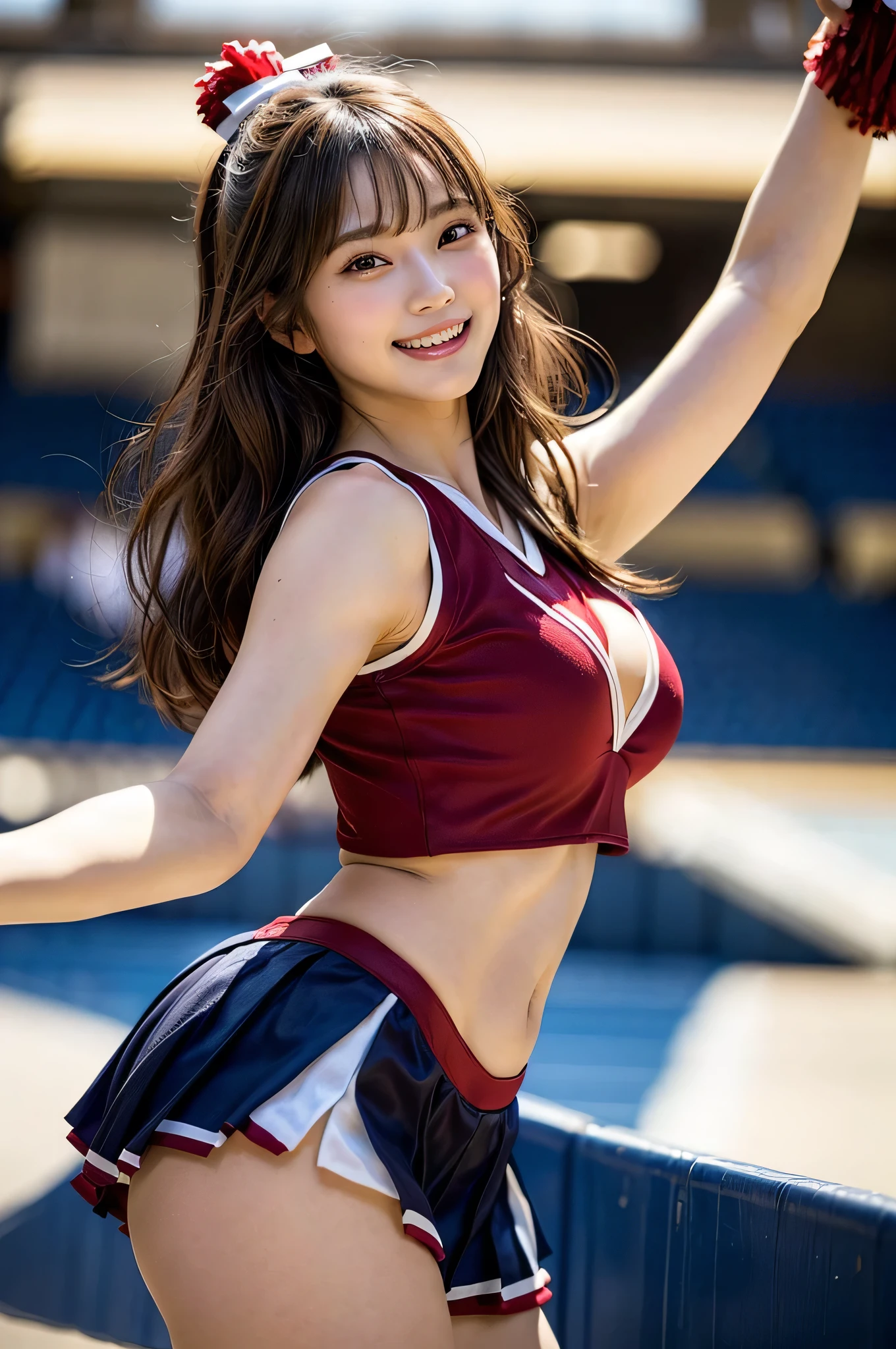 One girl,14 year old beautiful girl、Pure girl、 , Dancing, Small breasts, Thin legs, Cheerleader Uniform, skirt, White Cheer Gloves, stomach, Raise your arms, Open the other arm, from the front, Viewer, ((masterpiece)), ((Highly detailed face)), highest quality, Surreal, High resolution, Intricate details,(Beautiful and delicate eyes and lips), (The best shadows. Very delicate and beautiful.), Beautiful white skin, smile, Open your mouth, Ponytail Brown Hair, (bangs), Floating Hair, Messy Hair Goodray, Cowboy Shot, court, Audience seats, Light of the sun ,(No make-up)