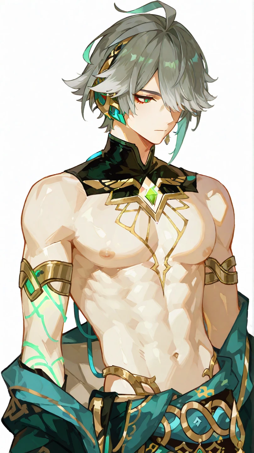 Alhaitham from genshin impact, A handsome man with a lot of cum on his chest!!! Big chest!!! Big pectorals!!! Round chest!!! Big nipples!!! Large chest!!! attractive male, sexy masculine, handsome male, oppai, oppai proportions, cinematic lighting, high contrast, vivid colors, 8k, masterpiece