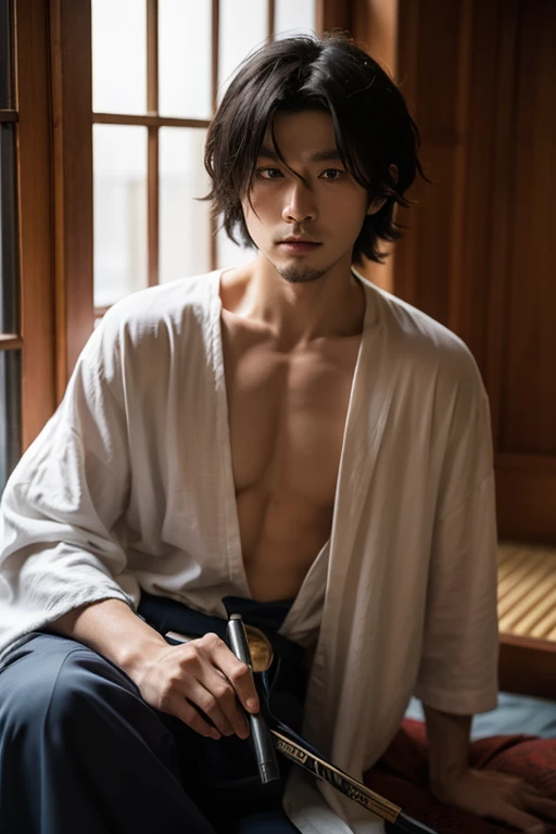 (Photorealistic: 1.2, Best Quality, 8K, Wet: 1.3), (Man, hands on his chest), Ukrainian, 20 years old, Ukrainian, actor, Yukata with cherry blossom pattern, black underwear, (sweat: 1.2, wet: 1.2), fine skin, (film lighting, chest hair, arm hair), soft light, double eyelids, (seductive), (((excited))