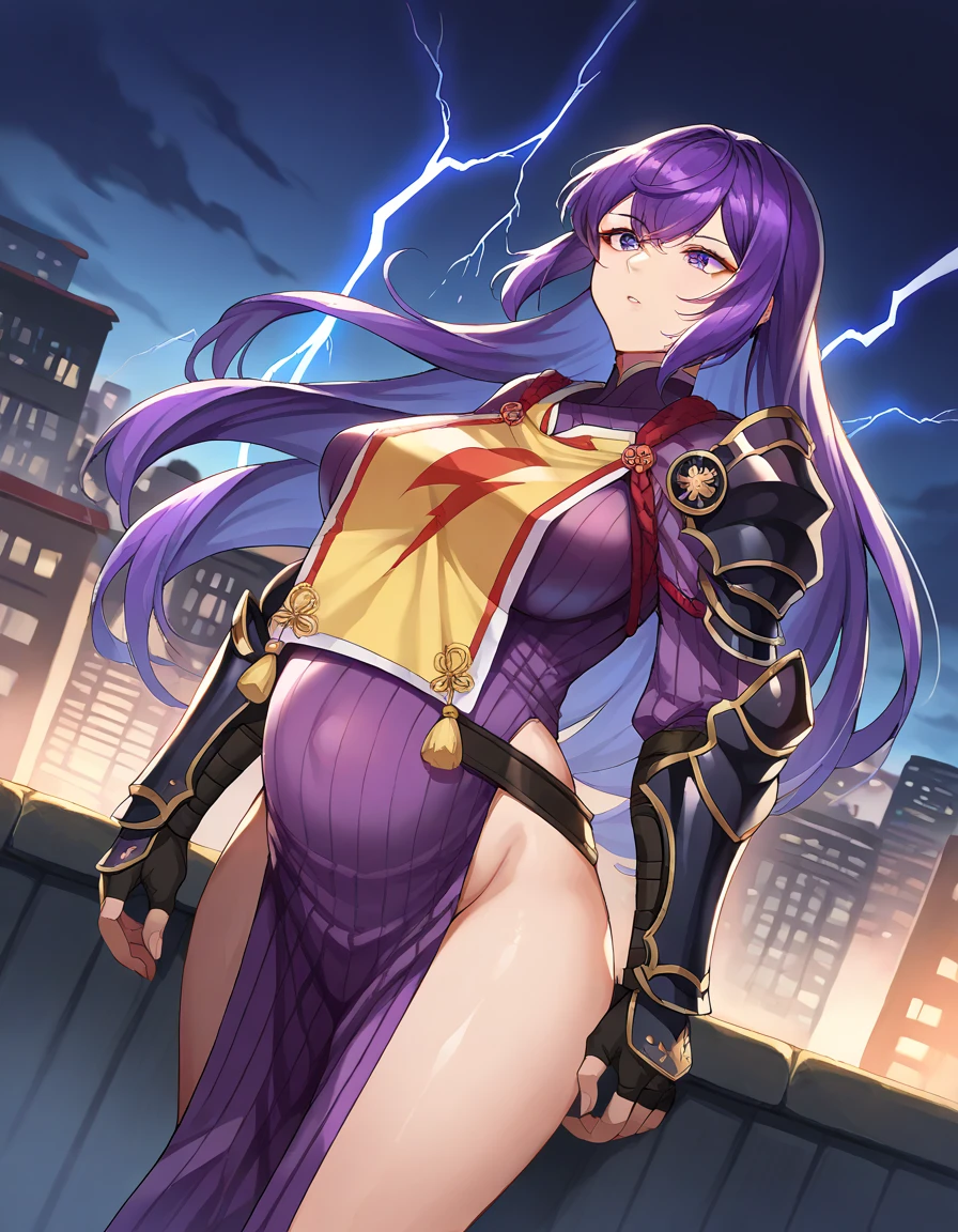 super detailed, explicit, beautiful body, beautiful nose, beautiful character design, perfect eyes, perfect face, ultra high resolution, 4K, beautiful feet, perfect legs, nice hands, perfect hands, masterpiece, highest quality, very detailed, figure, disorganized, perfect anatomy, Street Fighter, doll suit, Shadaloo doll, doll suit, Expressionless, empty eyes, looking at the viewer, red gloves, emotionless, black latex, corruption, Mind control, female combatant, whole body, hypnotismにかかった, unhappy trance, whole body suit, ribbed bodysuit, arms to the sides, obey, perfect female body, extremely glossy latex, hypnotism, hypnorolla, empty eyes, Mind control装置, Pauses, obedient_Pause, slave, stand up straight, Are standing, Are standing at attention, have, tie, belt, latex, ribbed bodysuit, Thighhighs, garter belt, combat readiness, Extend your right arm from your shoulder and reach up into the air., army, thigh boots, 1 girl, hair ornaments, purple hair, very long hair, blue eyes, Cure the Earth, Healing Good Precure