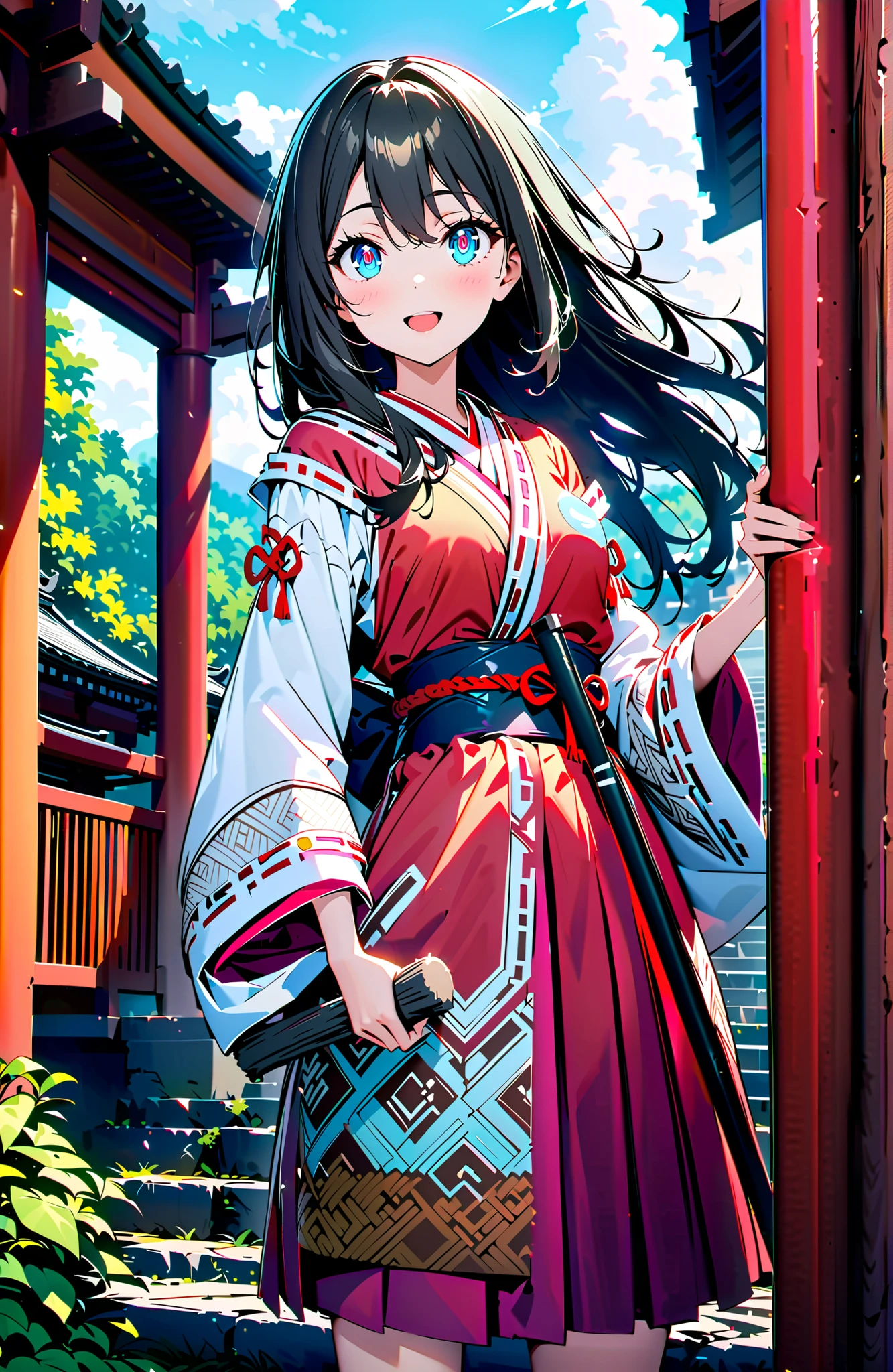score_9, score_8_up, score_7_up, source_anime,It's because of Rikkata, black hair with a young pattern, blue eyes, long hair , smile,cover,Open Your Mouth,Orange wrist scrunch, Shrine maiden, kimono, object, Red Hakama Skirt , Wide Sleeves, long sleeve, ribbon trim sleeve,holding a broom grip with both hands,cleaning, standing on a stone staircase,noon,full bodyがillustrationsに入るように,break outdoors, shrine,
break looking at viewer,full body,
break (masterpiece:1.2), Best Quality, high resolution, Unity 8k 壁紙, (illustrations:0.8), (beautiful detailed eyes:1.6), very detailed face, so that it fits into the illustration, Extremely Detailed CG, (perfect hand, perfect anatomy),