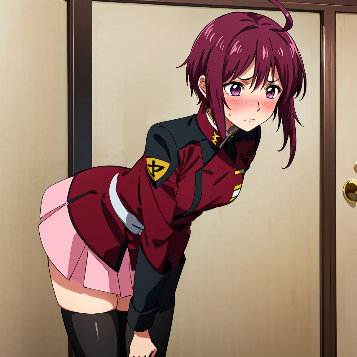 masterpiece, Highest quality, High resolution, Lunamaria Hawke, One girl, alone, Pink Skirt, uniform, short hair, Ahoge, Black knee socks, Redhead, Purple eyes, Purple Hair, Long sleeve, (polka dot pink panties), (show off panties, smile, Leaning forward, looking at viewer, from below, back shot