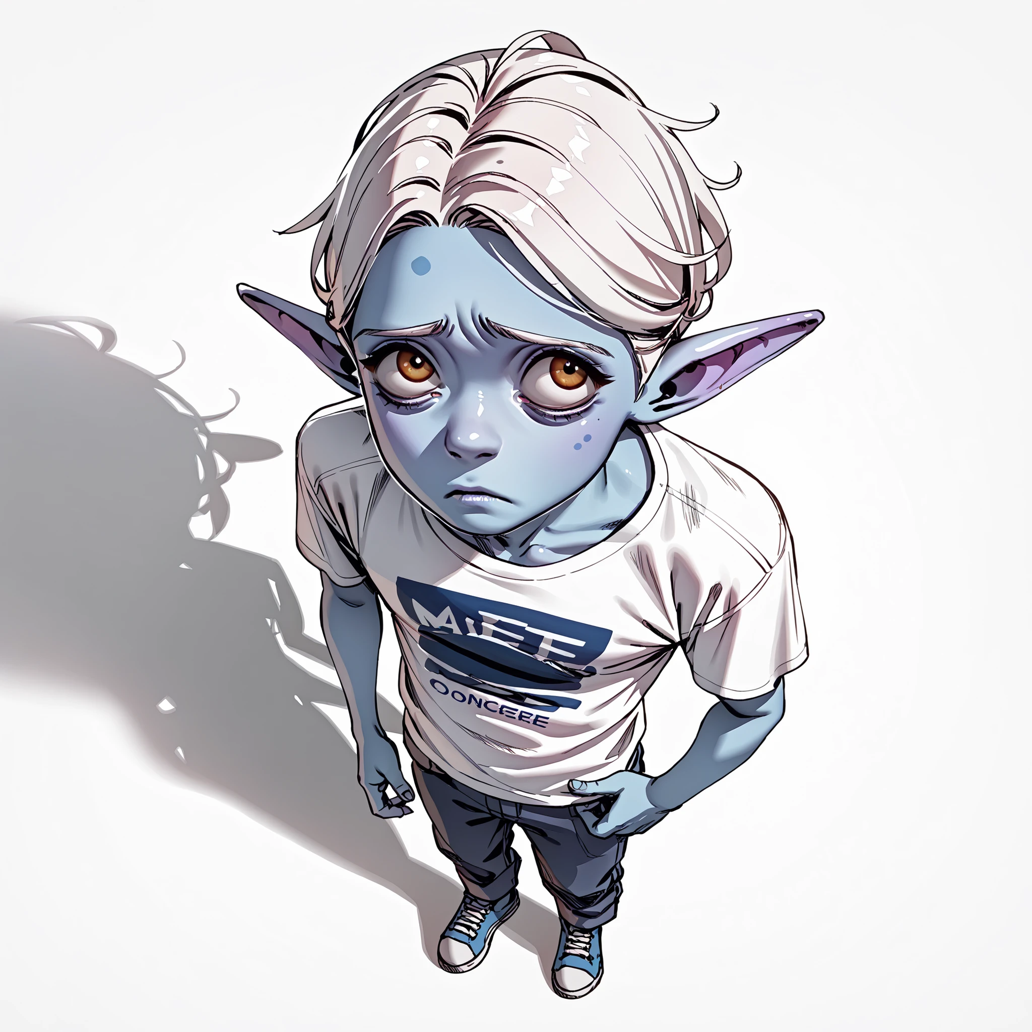 score_9, score_8_up, score_7_up, a blue young alien male who is very smart, white hair, skinny, shirt, top of his class, adorable, white background. Looking concerned and sweating. Humanoid in apeance. ((Blue skin)) ((Extreme above angle shot, Extreme above angle view, over his head)) ((him looking up))