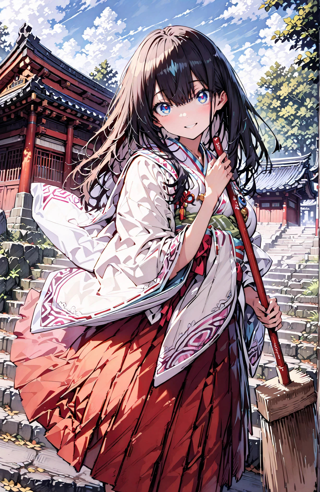 It's because of Rikkata, black hair with a young pattern, blue eyes, long hair , smile,cover,Open Your Mouth,Orange wrist scrunch, Shrine maiden,  kimono, object,  Red Hakama Skirt , Wide Sleeves, long sleeve, ribbon trim sleeve,holding a broom grip with both hands,cleaning, standing on a stone staircase,noon,full bodyがillustrationsに入るように,break outdoors, shrine,
break looking at viewer,full body,
break (masterpiece:1.2), Best Quality, high resolution, Unity 8k 壁紙, (illustrations:0.8), (beautiful detailed eyes:1.6), very detailed face,  so that it fits into the illustration, Extremely Detailed CG, (perfect hand, perfect anatomy),