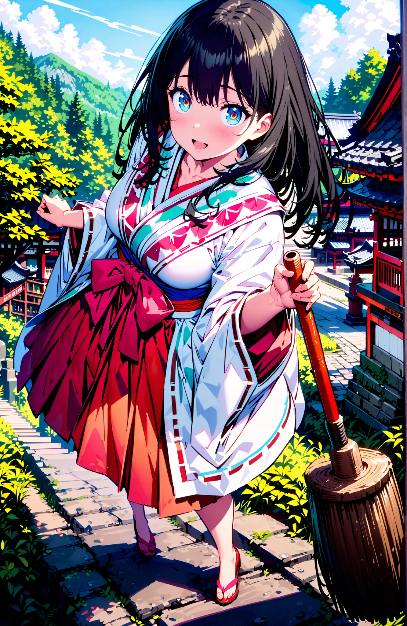 It's because of Rikkata, black hair with a young pattern, blue eyes, long hair , smile,cover,Open Your Mouth,Orange wrist scrunch, Shrine maiden, kimono, object, Red Hakama Skirt , Wide Sleeves, long sleeve, ribbon trim sleeve,holding a broom grip with both hands,cleaning, standing on a stone staircase,noon,full bodyがillustrationsに入るように,break outdoors, shrine,
break looking at viewer,full body,
break (masterpiece:1.2), Best Quality, high resolution, Unity 8k 壁紙, (illustrations:0.8), (beautiful detailed eyes:1.6), very detailed face, so that it fits into the illustration, Extremely Detailed CG, (perfect hand, perfect anatomy),