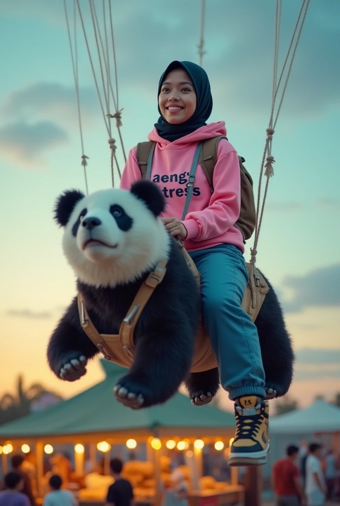 A cute very happy hamster wearing a hoodie in the basket of a flying hot air ballon, low point of view. Dreamy, whimsical, mostly pastel colours. Highly detailed.