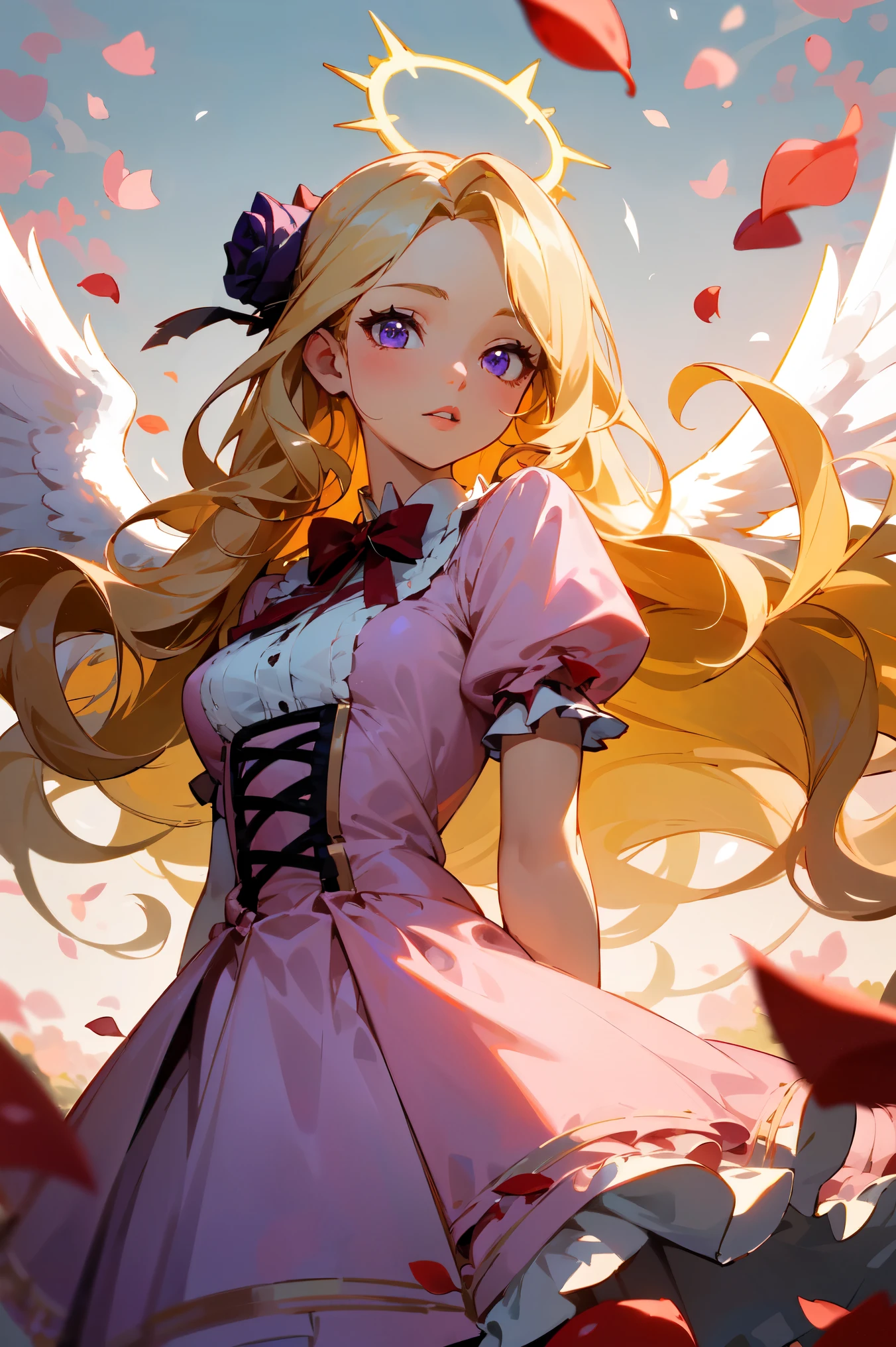 (masterpiece, high detailed, best quality:1.3), (cowboy shot), portrait, dutch angle, looking at viewer, 1girl, beautiful, golden hair, very long hair, wavy hair, hair flowers, parted bangs, (floating hair), purple eyes, beautiful eyes, pretty lips, (lolita fashion), (pink dress), white gloves, angle wings, white wings, golden halo, standing, (arms behind back), ((rose petals, falling petals)), rose background, (sparkling, ray of sunlight), soft lighting, vibrant light, fbokeh, depth of field, absurdres