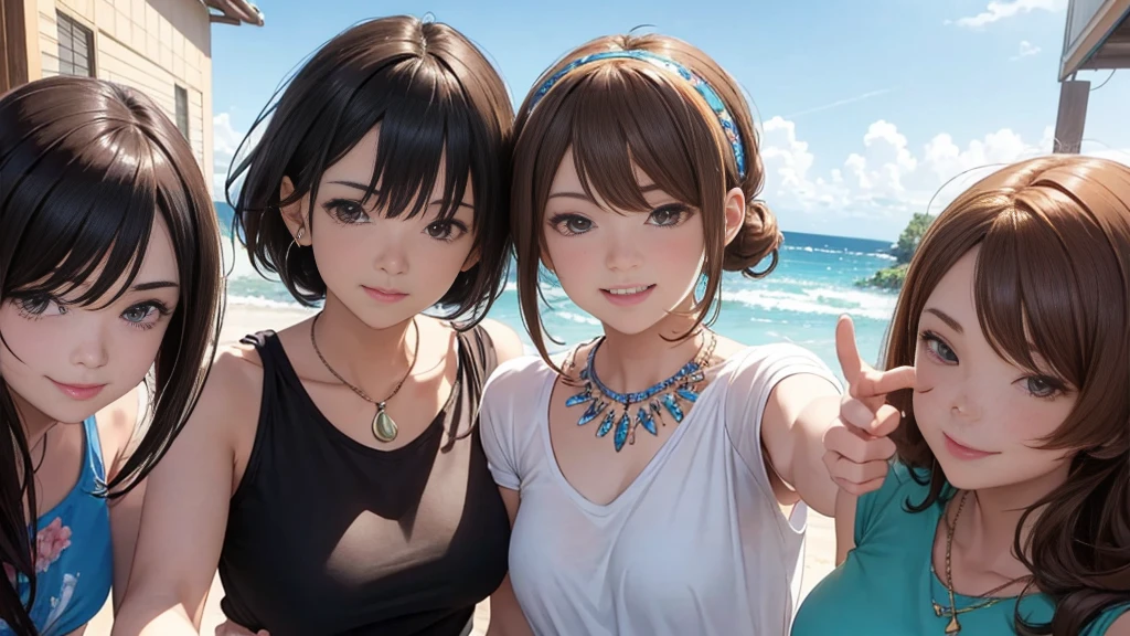 Highest quality、High resolution、Detailed Background、(Beautiful face in every detail:1.4)、Anatomically correct、Normal number of fingers、(Detailed facial expressions)、(Detailed eyes:1.2)、age beauty、(Highly detailed face:1.4)、(Huge breasts:1.2)、cute hair color、Braided bob cut、Braided Ponytail、cute hairstyle、well-groomed eyebrows、Perfect body line、A big smile、In a joking manner、smile、sunlight、
(A close-up of three beautiful girls at the summer beach:1.5)、
Close up from below、Look at me with a happy expression、Cute gestures、
Bikinis with high waist and frill designs、A cute one-piece swimsuit with a romper-style design and ribbon accents、A tankini with separate top and bottom、Vivid colors and refreshing pastel colors are recommended.、Summery colors、cute