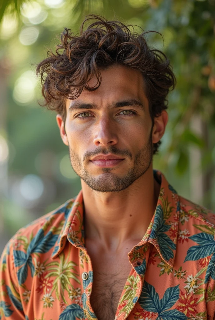A Brazilian man in a lush tropical garden, wearing an open shirt with a floral print, with a close-up capturing the harmonious beauty between her chest and the natural flowers, showing off your natural charm and outgoing personality.