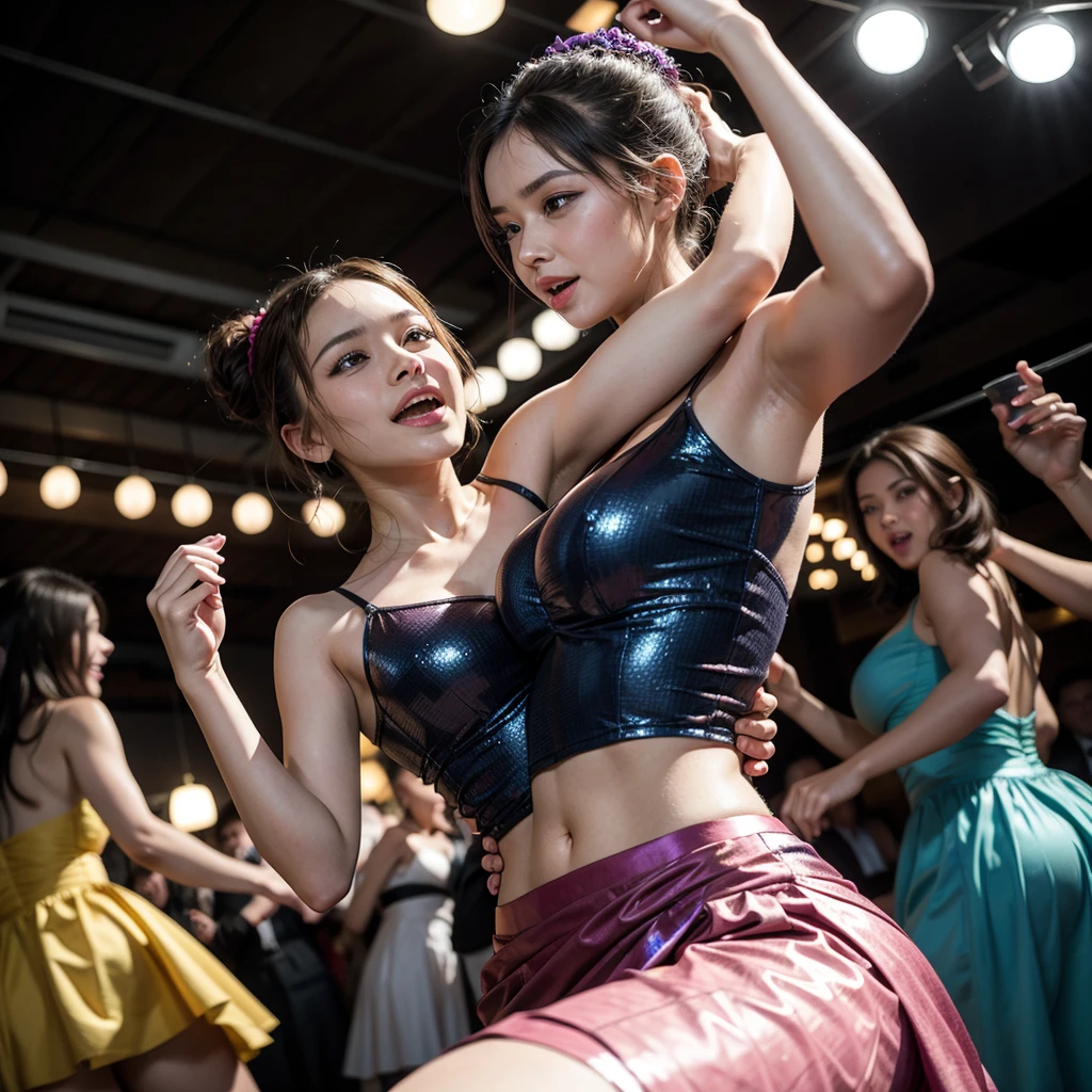 (masterpiece, Best Quality:1.2), 8K, 85 mm, Official art, Raw photo, realistic photo, 2 sisters, silver short hair, (blue eyes, miniskirt, string bra, string panty, big nipples, large areolas, virgin pussy, sweet Lolita:1.2), Idol face, full body, Beautiful Girl, Elegance, Sophisticated, Looking at Viewer, Film grain, chromatic aberration, Sharp Focus, face lights, Dynamic lighting, Cinematic lighting,(( a facial expression full of agony and joy:1.2)), (((tucking up the skirt, cute string panties are visible))), outdoor, live stage, dancing, from below, ,