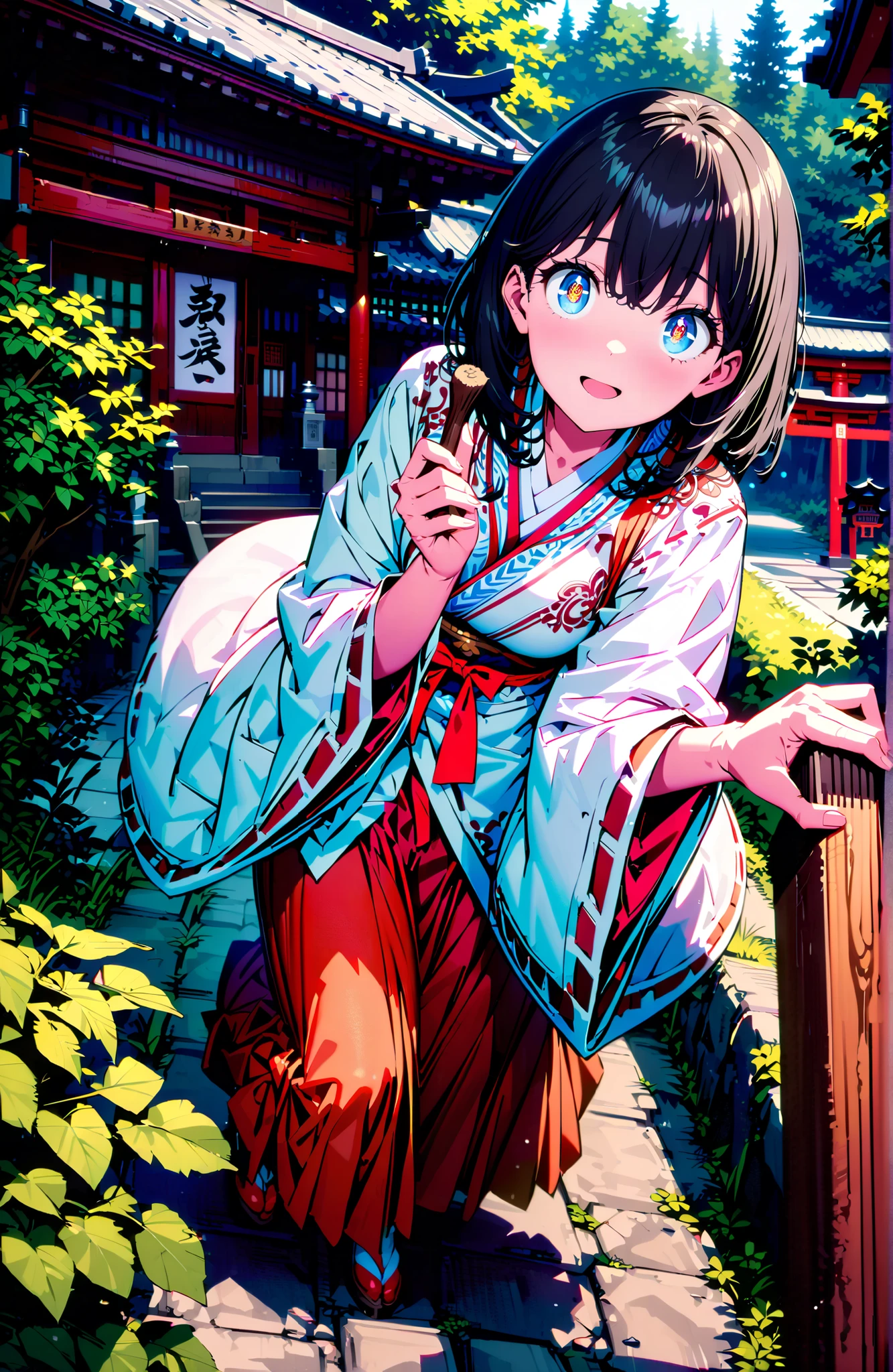 It's because of Rikkata, black hair with a young pattern, blue eyes, MEDIUM HAIR , smile,cover,Open Your Mouth,Orange wrist scrunch, Shrine maiden, kimono, object, Red Hakama Skirt , Wide Sleeves, long sleeve, ribbon trim sleeve,holding a broom grip with both hands,cleaning, standing on a stone staircase,noon,full bodyがillustrationsに入るように,break outdoors, shrine,
break looking at viewer,full body,
break (masterpiece:1.2), Best Quality, high resolution, Unity 8k 壁紙, (illustrations:0.8), (beautiful detailed eyes:1.6), very detailed face, so that it fits into the illustration, Extremely Detailed CG, (perfect hand, perfect anatomy),