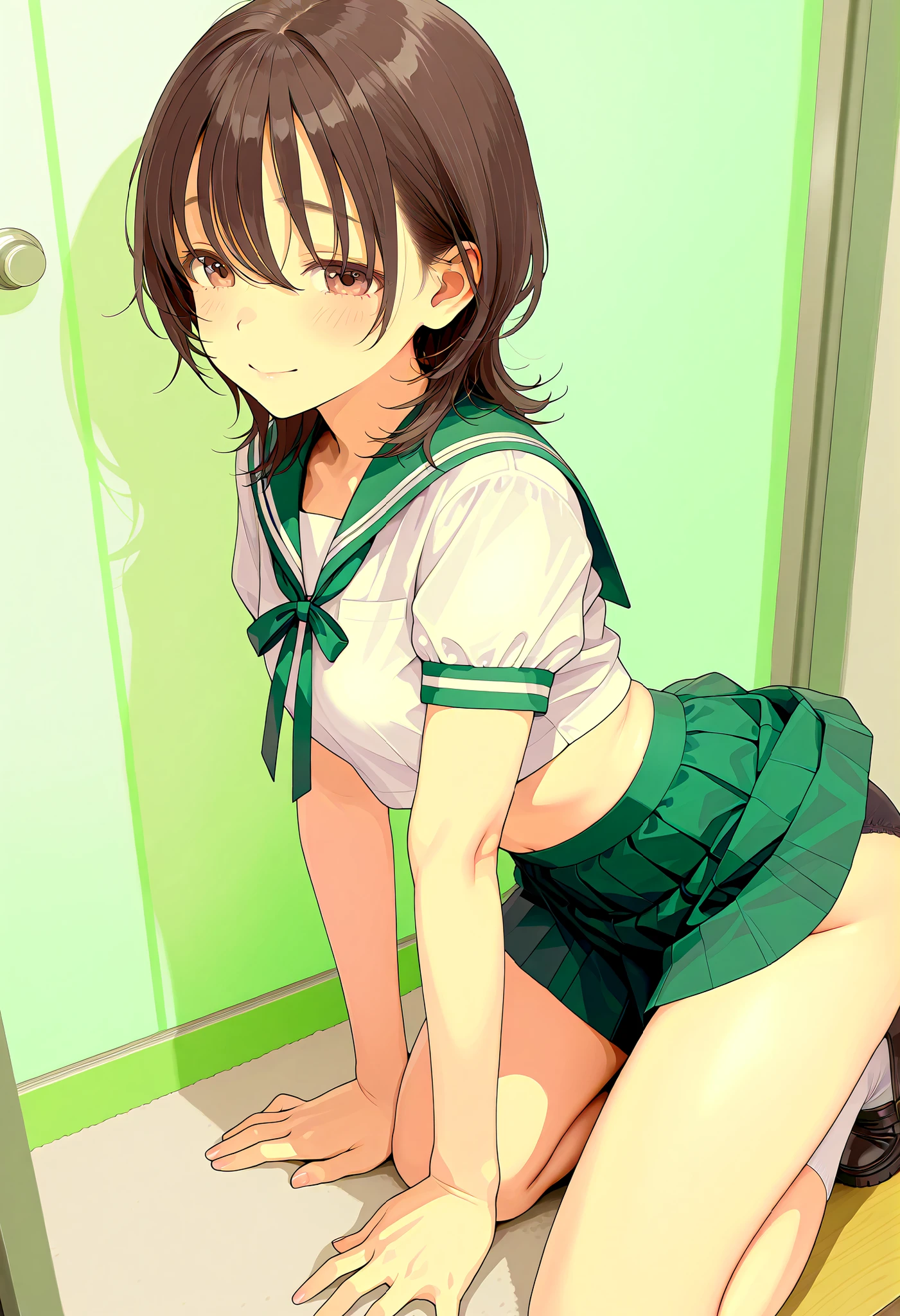 (ultra detail、Masterpiece、Best Quality、high resolution:1.8)、high image quality、Best Quality、High definition picture quality 、one girl、summer、Outdoors、(Out立っている smile、open your mouth, laughs:1.2)、(curvy body:1.2)、black hair mixed with blond、short hair(neckline、Long pile )、unbelievably big huge breasts、sweats、 from yubi、black bra、Black Panties、navy blue sailor suit(Short sleeve、Can you see through bras due to sweat、 skirt long)、white high socks、 coin loafers 、pose