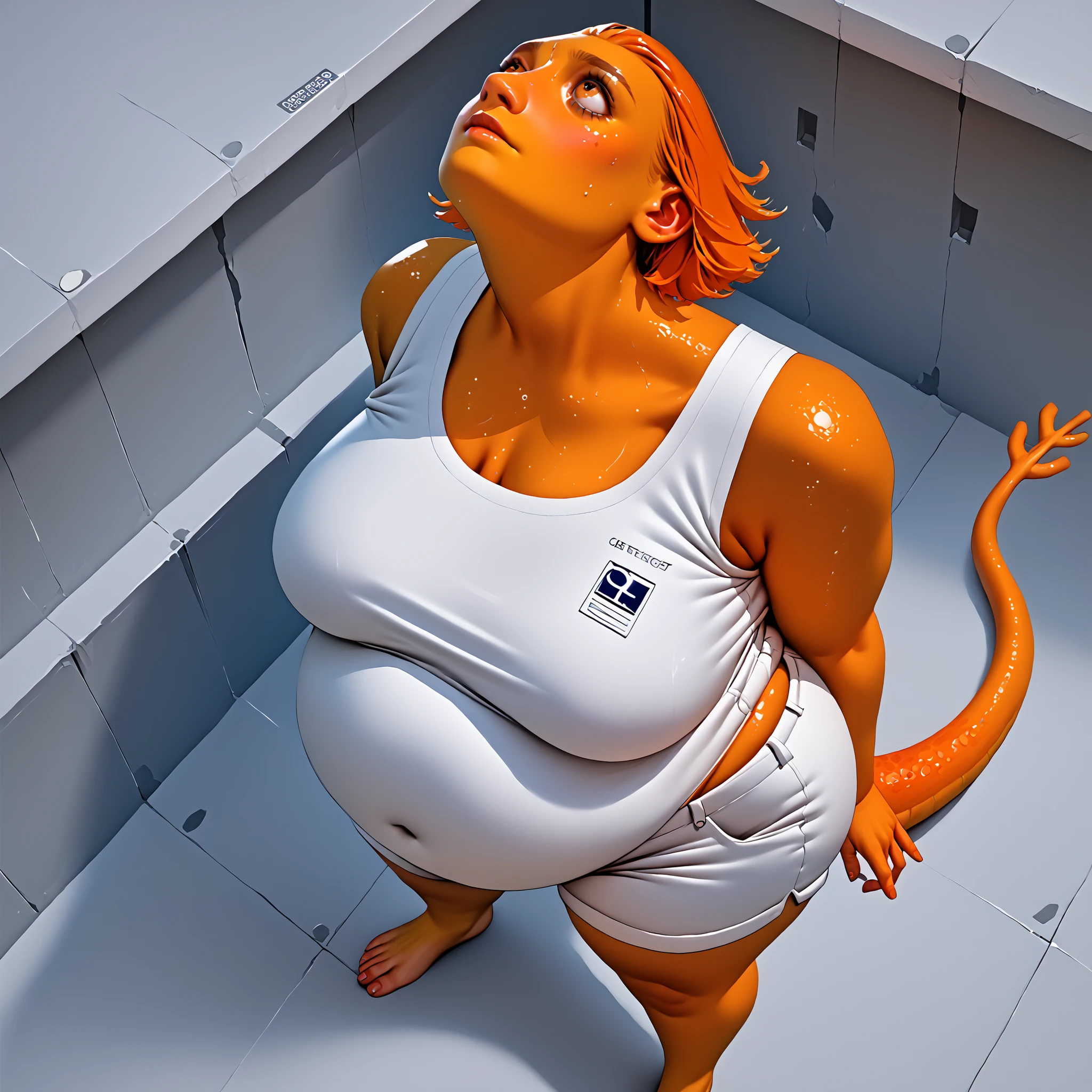 score_9, score_8_up, score_7_up, slightly chubby belly, orange female newt alien (orange alien), she is in a laboratory, low maintenance short blond hair. Tall, slim thicc, long lims, lanky (standing, arms to her sides) (Extreme above angle, shes looking up sweating and nervous) (wearing a white jump suit, no sleeves, white shorts ) ((she has a orange lizard tail)) ((modest breasts)) ((from above)) ((Extreme above angle))