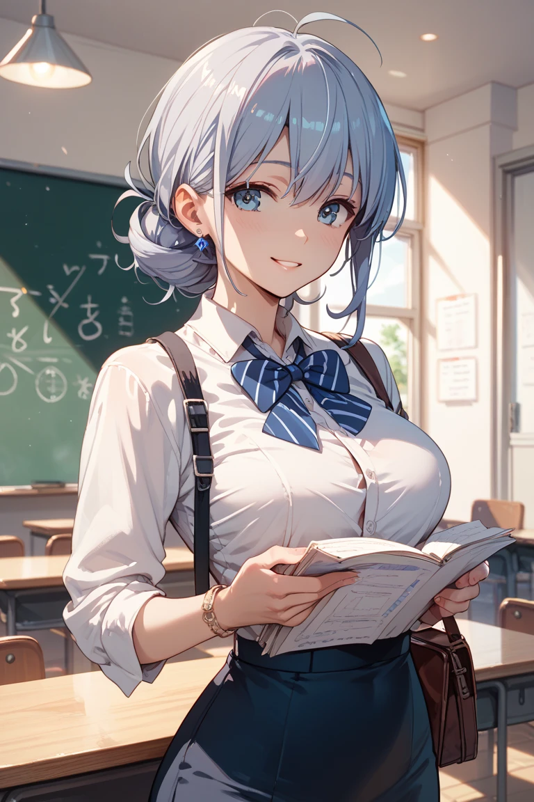 Anime girl in a school uniform, yellow hair, curly hair, short fur, shoulder-length hair, {{silver eyes}}, round eyes, smiling, {{dark red blazer}}, black skirt, standing, Book Detention, Classroom History, Desks, Chairs