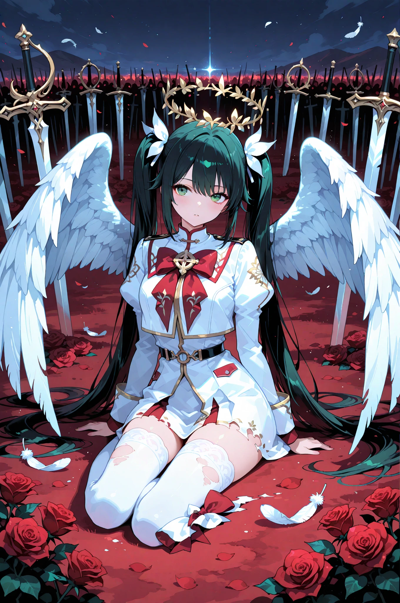 A single girl with long black twin tails adorned with soft red butterfly ribbons, sitting relaxed on the ground of a battlefield, her sword resting casually at her side. She wears a striking red rose-themed military uniform, the fabric detailed with subtle floral patterns. Her green eyes gaze upward as she takes a deep breath, surrounded by scattered red roses that contrast against the dim, moody air of the war-torn scene. Behind her, the Rose Angel emerges—large, ethereal angel wings unfurl majestically, their feathers shimmering faintly with a divine glow. Roses swirl and bloom in the air behind her, cascading down like a floral halo. The background is a simple, stark white, making the character and her angelic rose motif stand out vividly.


