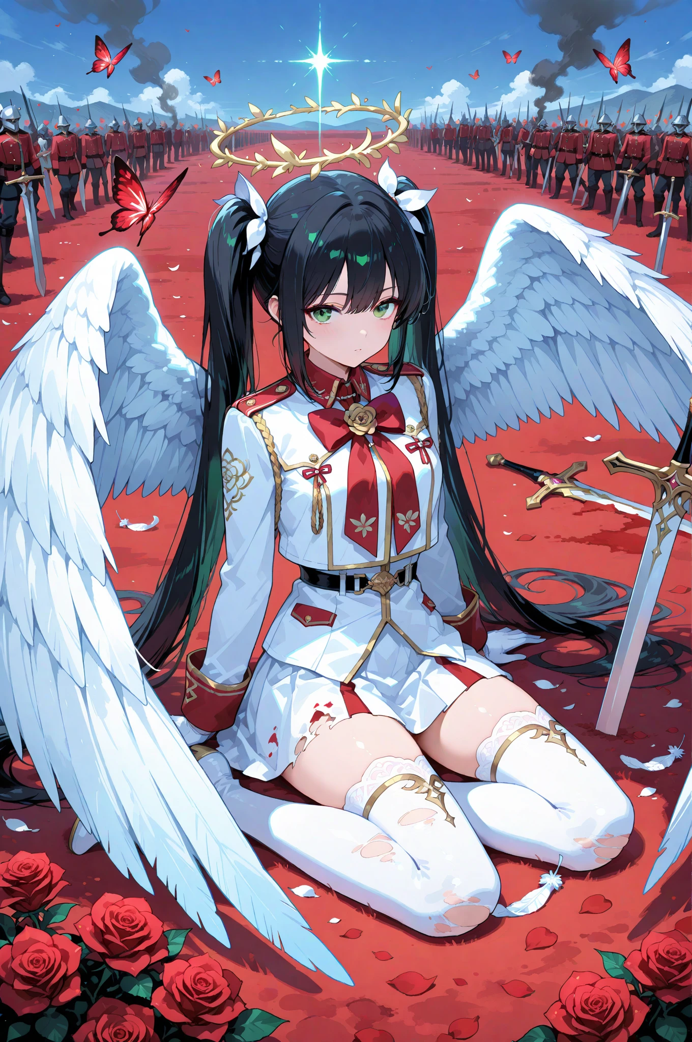 A single girl with long black twin tails adorned with soft red butterfly ribbons, sitting relaxed on the ground of a battlefield, her sword resting casually at her side. She wears a striking red rose-themed military uniform, the fabric detailed with subtle floral patterns. Her green eyes gaze upward as she takes a deep breath, surrounded by scattered red roses that contrast against the dim, moody air of the war-torn scene. Behind her, the Rose Angel emerges—large, ethereal angel wings unfurl majestically, their feathers shimmering faintly with a divine glow. Roses swirl and bloom in the air behind her, cascading down like a floral halo. The background is a simple, stark white, making the character and her angelic rose motif stand out vividly.


