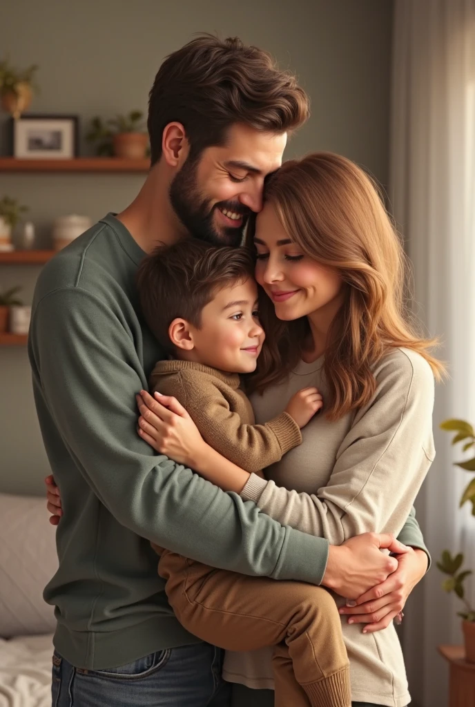 A family in a moment of love or warmth, such as holding hands or hugging.