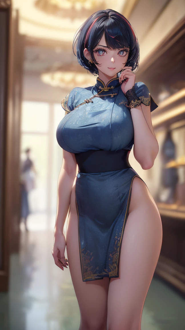 Anime style,Blonde,shortcut,Bob,(Very slim figure:1.3),Huge breasts:1.4 Huge breasts:1.4,full, Firm breasts,Showing cleavage,Nipple protrusion,slim,Lovely,Sexy,high quality,slim身材,whole body,cheongsam,Black pantyhose,Standing picture,High Detail,front,Proud