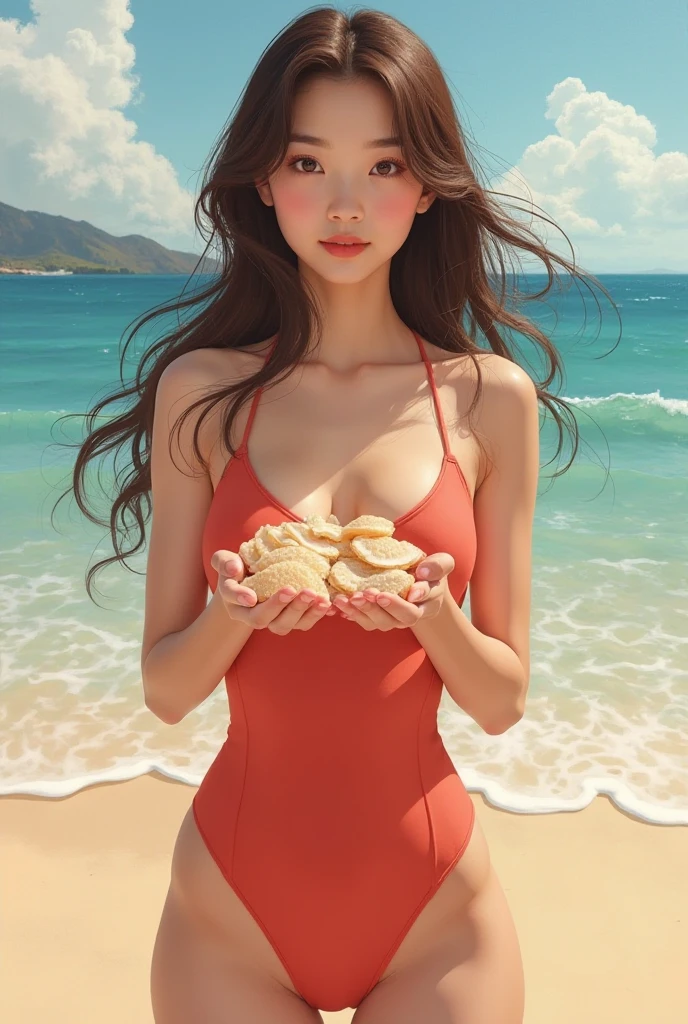 A woman on the beach and in a bikini very beautiful and realistic with loose hair looking face and Korean and eating pork cheek