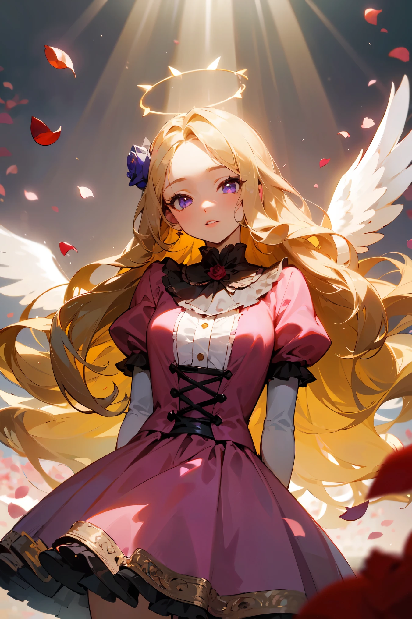 (masterpiece, high detailed, best quality:1.3), (cowboy shot), portrait, dutch angle, looking at viewer, 1girl, beautiful, golden hair, very long hair, wavy hair, hair flowers, parted bangs, (floating hair), purple eyes, beautiful eyes, pretty lips, (lolita fashion), (pink dress), white gloves, angle wings, white wings, golden halo, standing, (arms behind back), ((rose petals, falling petals)), rose background, (sparkling, ray of sunlight), soft lighting, vibrant light, fbokeh, depth of field, absurdres