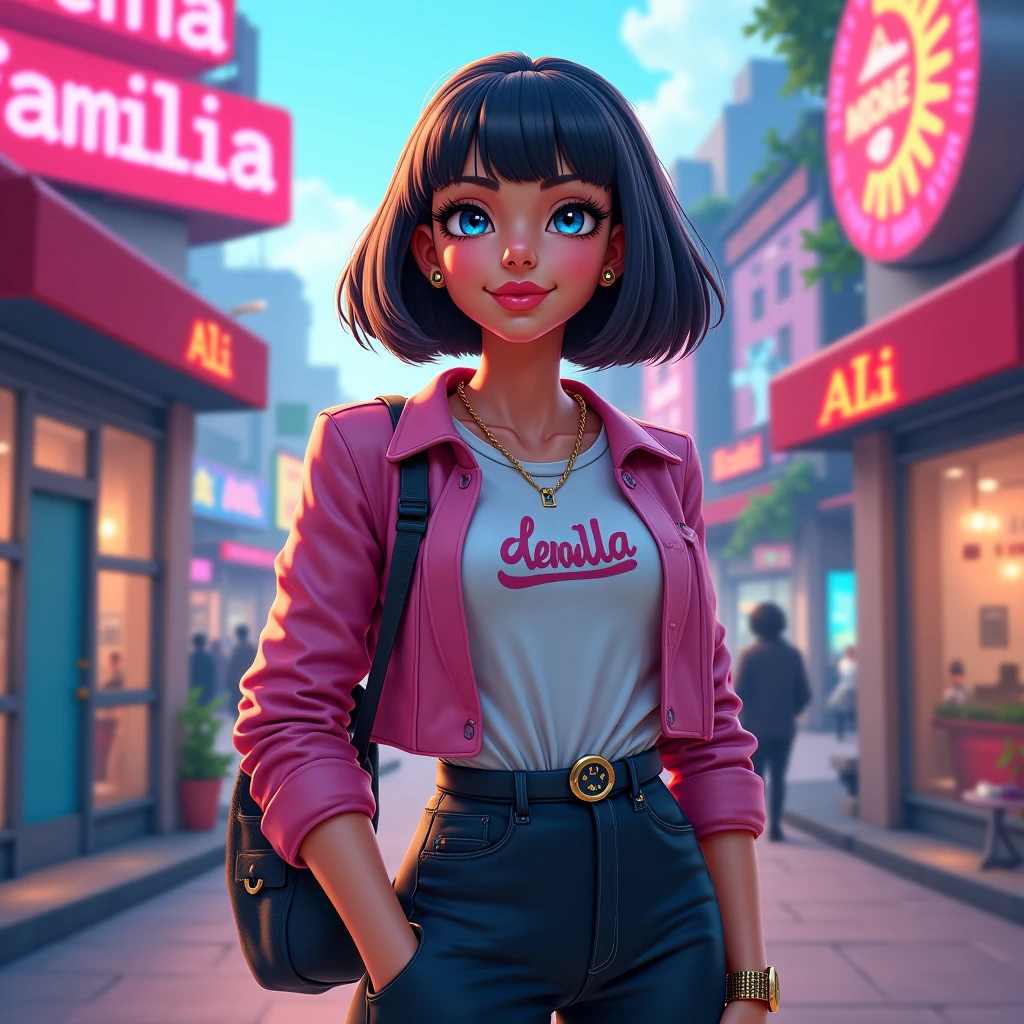 Tall hispanic woman with expressive hazel eyes and long wavy dark brown hair; warm olive skin; hourglass build; ("heart-shaped-face" with full lips); ample bosom; best quality; trending on artstation; dark room with complex volumetric lighting; strong shadows; artistic lighting; dynamic; energetic vibe; realistic skin; specular highlights; micro-textures; highly detailed hair; on an outdoor asphalt court, surrounded by urban sprawl with lots of futuristic highrise buildings dystopia