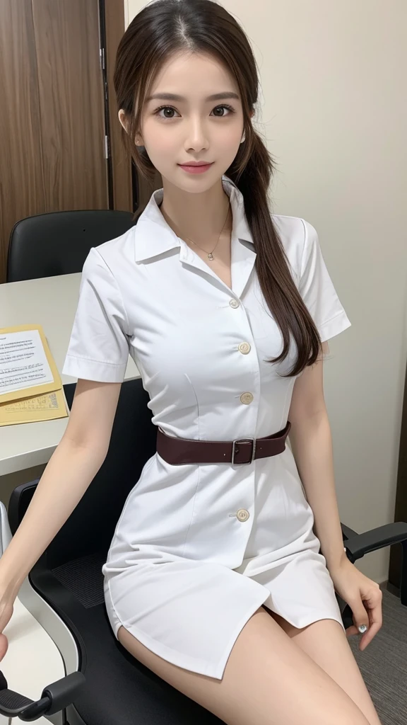 There was a woman in a white uniform, Nurse, full-body xianxia, nurse girl,  healthcare worker, Fitted nurse uniform，Split nurse overalls，Slim figure，Anterior convex and posterior，Stand dignified and generous，fully body photo