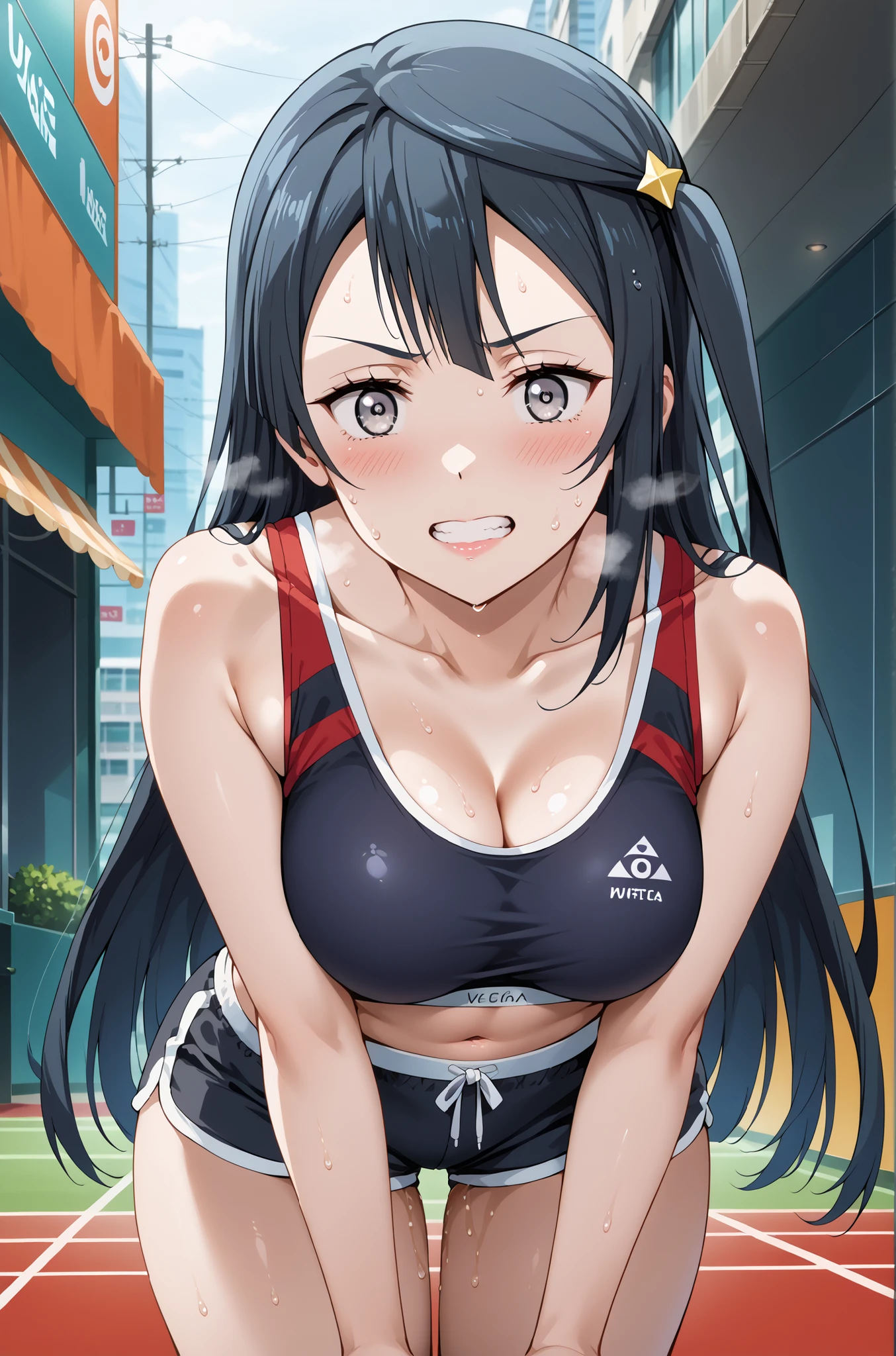 score_9, score_8_up, score_7_up, source_anime, 4K,perfect fingers,(perfect hands, perfect anatomy),prefect lighting, very aesthetic, intricate details,highly detailed background, masterpiece, high quality, best quality,
1girl, setsuna yuuki, yuuki setsuna (love live!), long hair, bangs, black hair, sidelocks, grey eyes, one side up, hair ornament, Large Breast,,
wearing (( sport Bra , micro shorts,   )) ,,
Dark gray background, ((leaning forward:1.3)), Blushing, Troubled eyebrows, Rough breath, Clenching teeth, Burning face, full of sweat, Whole body wet,