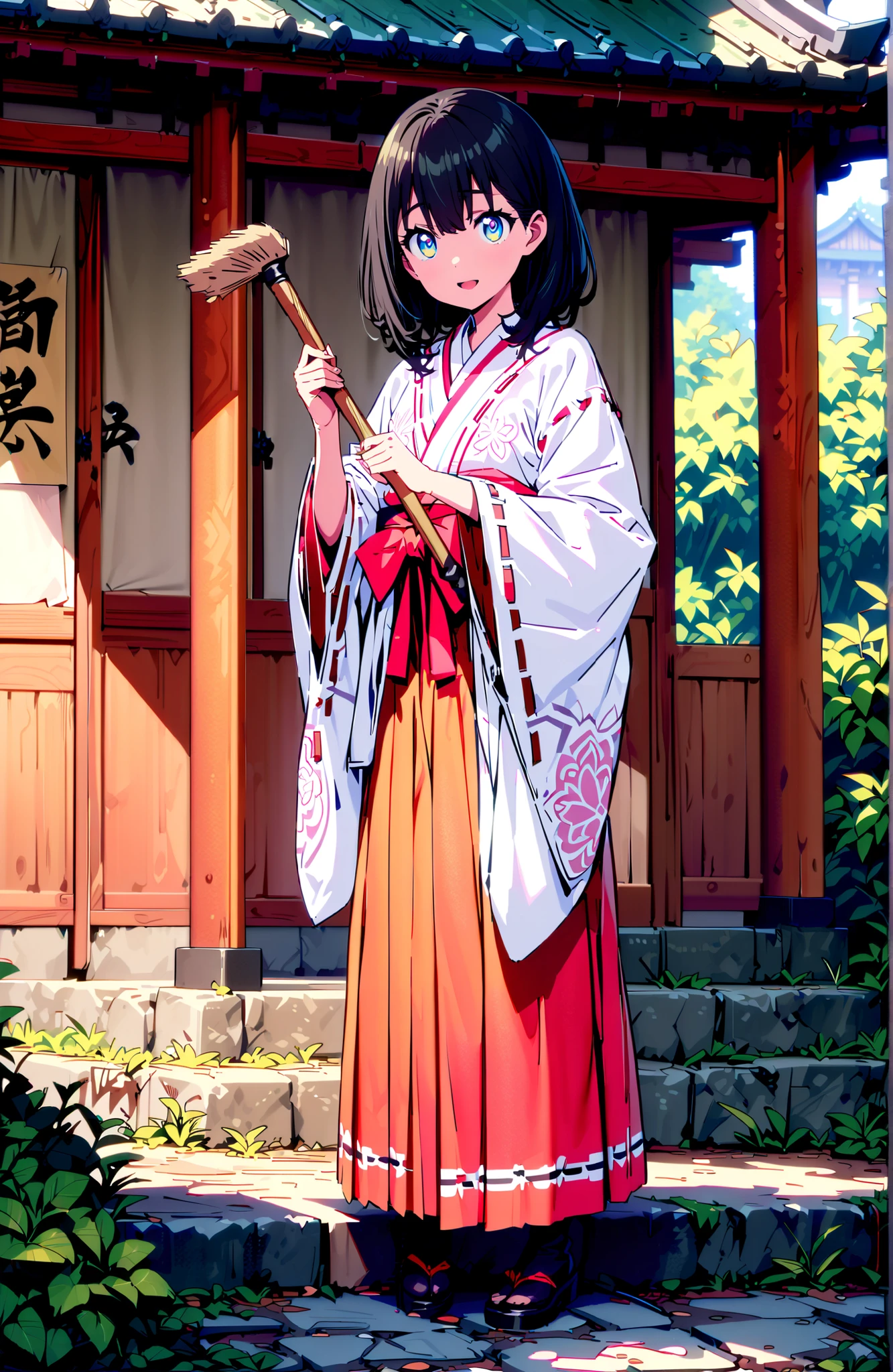 It's because of Rikkata, black hair with a young pattern, blue eyes, MEDIUM HAIR , smile,cover,Open Your Mouth,Orange wrist scrunch, Shrine maiden, kimono, object, Red Hakama Skirt , Wide Sleeves, long sleeve, ribbon trim sleeve,holding a broom grip with both hands,cleaning, standing on a stone staircase,noon,full bodyがillustrationsに入るように,break outdoors, shrine,
break looking at viewer,full body,
break (masterpiece:1.2), Best Quality, high resolution, Unity 8k 壁紙, (illustrations:0.8), (beautiful detailed eyes:1.6), very detailed face, so that it fits into the illustration, Extremely Detailed CG, (perfect hand, perfect anatomy),