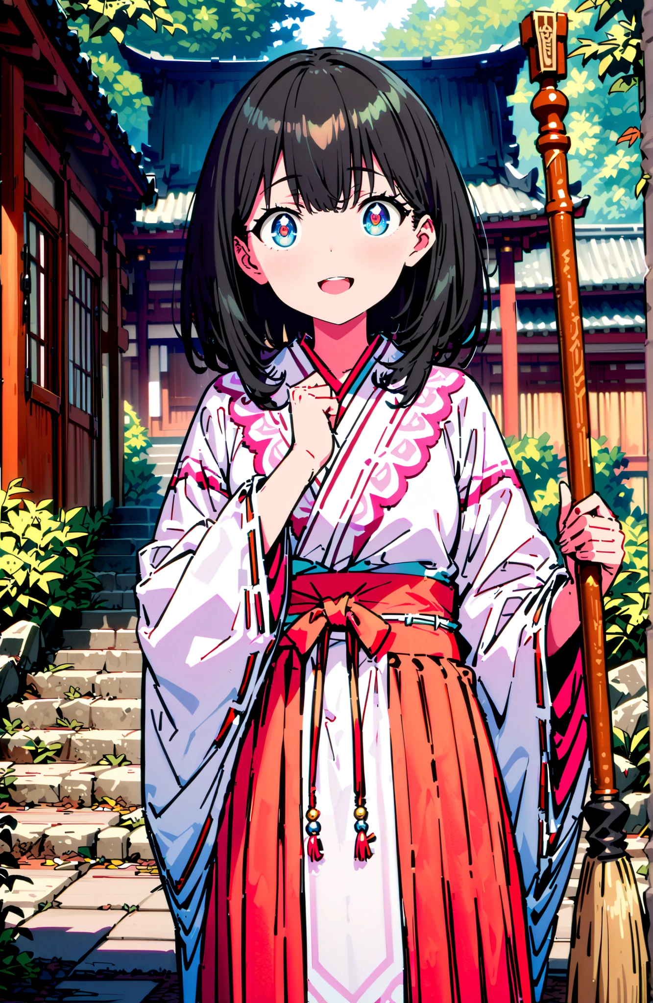 It's because of Rikkata, black hair with a young pattern, blue eyes, MEDIUM HAIR , smile,cover,Open Your Mouth,Orange wrist scrunch, Shrine maiden,  kimono, object,  Red Hakama Skirt , Wide Sleeves, long sleeve, ribbon trim sleeve,holding a broom grip with both hands,cleaning, standing on a stone staircase,noon,full bodyがillustrationsに入るように,break outdoors, shrine,
break looking at viewer,full body,
break (masterpiece:1.2), Best Quality, high resolution, Unity 8k 壁紙, (illustrations:0.8), (beautiful detailed eyes:1.6), very detailed face,  so that it fits into the illustration, Extremely Detailed CG, (perfect hand, perfect anatomy),