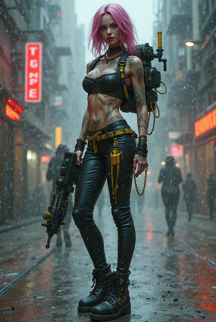 professional photography, hyper-realistic, best quality, award winning photography, professional color grading, clean sharp focus, masterpiece, super fine beautiful sexy badass cyberpunk woman with tattoos, beautiful face, piercings, amazing attractive femenine muscle toned body, robotic body modifications: 1.5, wearing sexy cyberpunk outfit, half naked, 25 years old, 150mm, long hair in a messy bun, holding an AR-15 over her shoulder, full body, full body shooting, standing, background is a dark alleyway, dark stormy night, alleyway lit by street lights and neon signs