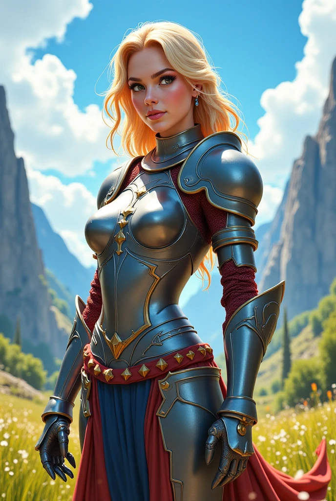 Create a super (((knightgirl))) (((brawny))) using a (((armour))) off ((Steel)) with an (((Hole))) at the (((armour))) showing the abs